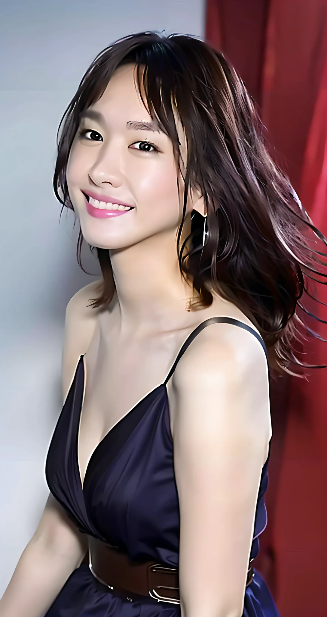 Top Quality, Masterpiece, Ultra High Definition, (Photorealistic: 1.4), Raw Photo, 1 Girl, Japan Beauty, Beautiful Skin, Black Hair: 1.7, Gacky, (((Long Hair: 1.3)), 28 years old, Laughing happily: 1.2, Micro bikini, Big, cleavage
