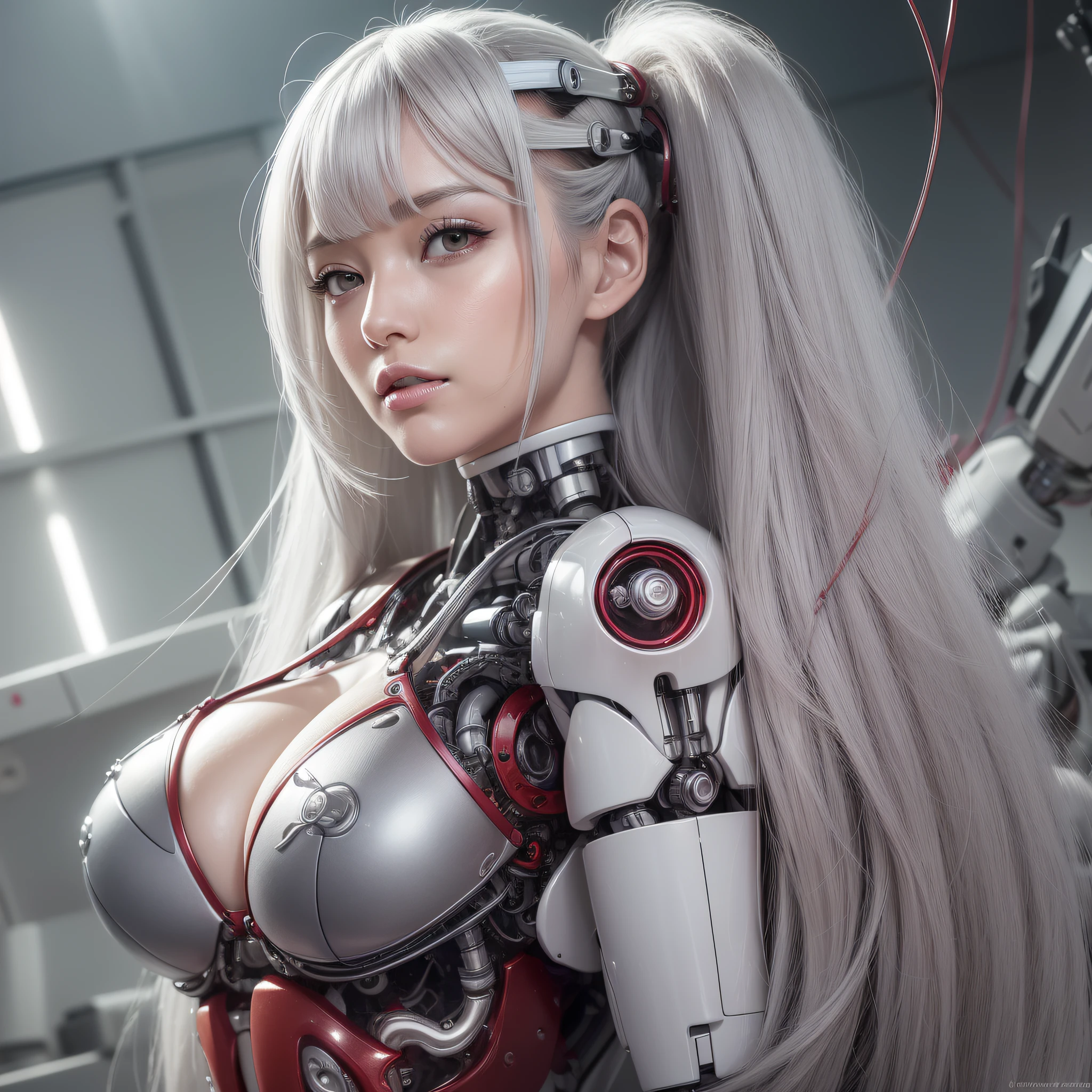 Beautiful Face,face is Japan, 1 Woman, Big, Curvaceous,(8k, RAW photo, top quality, masterpiece: 1.2)(Realistic, Photorealistic: 1.37) (Blood vessel attached to tube)((((Bikini Cyborg robot parts)))), (Light gray hair), Long hair, Wavy hair, Twin tails, Medium shot, ((Seductive smile) ), (Black Eyes), Hime Cut,From Below,(whole body),posing,,Inside the lab,( Blood vessel connected to a tube),((Mechanical vertebrae attached to the back)),((Mechanical neck attached to the neck)),(Wire and cable attached to the head and body),(Character Focus),Science Fiction,