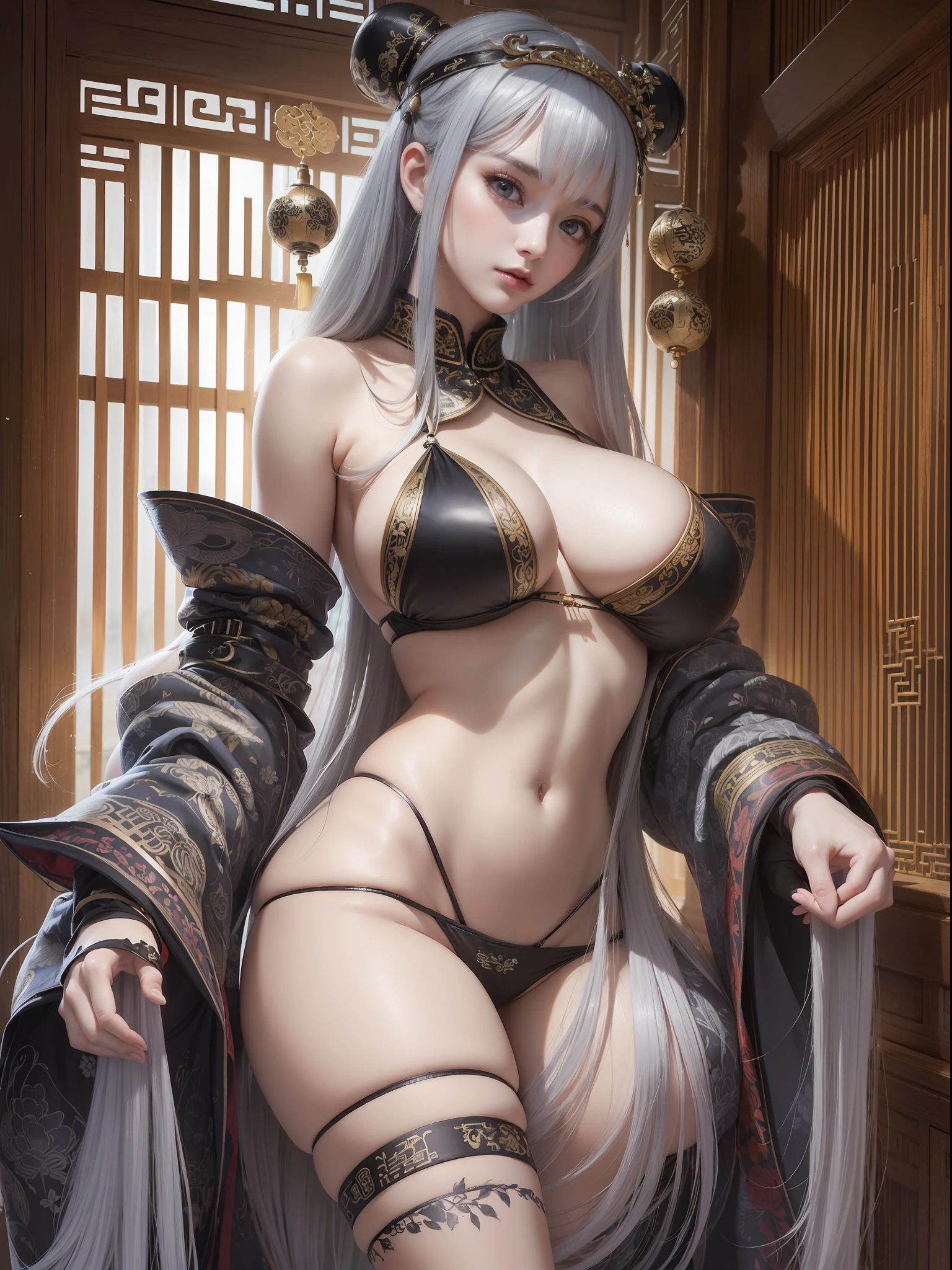 ((4K, masterpiece, highest quality)), ink painting, Chinese traditional ink painting, han clothing, maxi kit, modest clothing, 1 girl, solo, gray hair, long hair, Caucasian person, bikini, looking at the beholder, bullying, official art, unity 8k wallpaper, ultra detailed, beautiful and aesthetic, beautiful, masterpiece, best quality, a girl has beautiful face, looking at viewer, long hair, big hip , perfeect kawaii face, slender body, beautiful body, sexy pose, from bellow, abs, (huge boobs, large breasts, big tits:1.3), saggy boobs