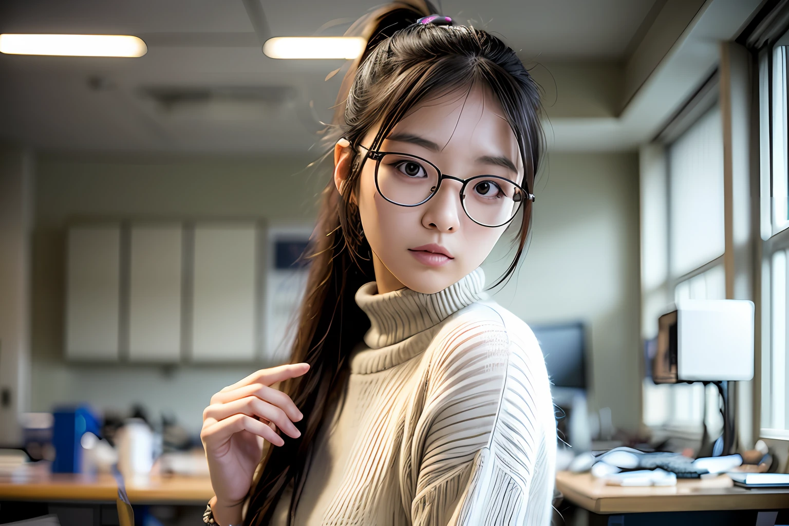 A 21-y-o Japanese woman is putting on her sweater in the laboratory, university student, dressing, detailed face and body, extremely detailed laboratory room, hyperrealistic detailed photo,(realistic:1.5), perfect body size, goddess body ratio, breathtaking view, ponytail hair, glasses woman, best quality, 8k, UHD, HDR, masterpiece