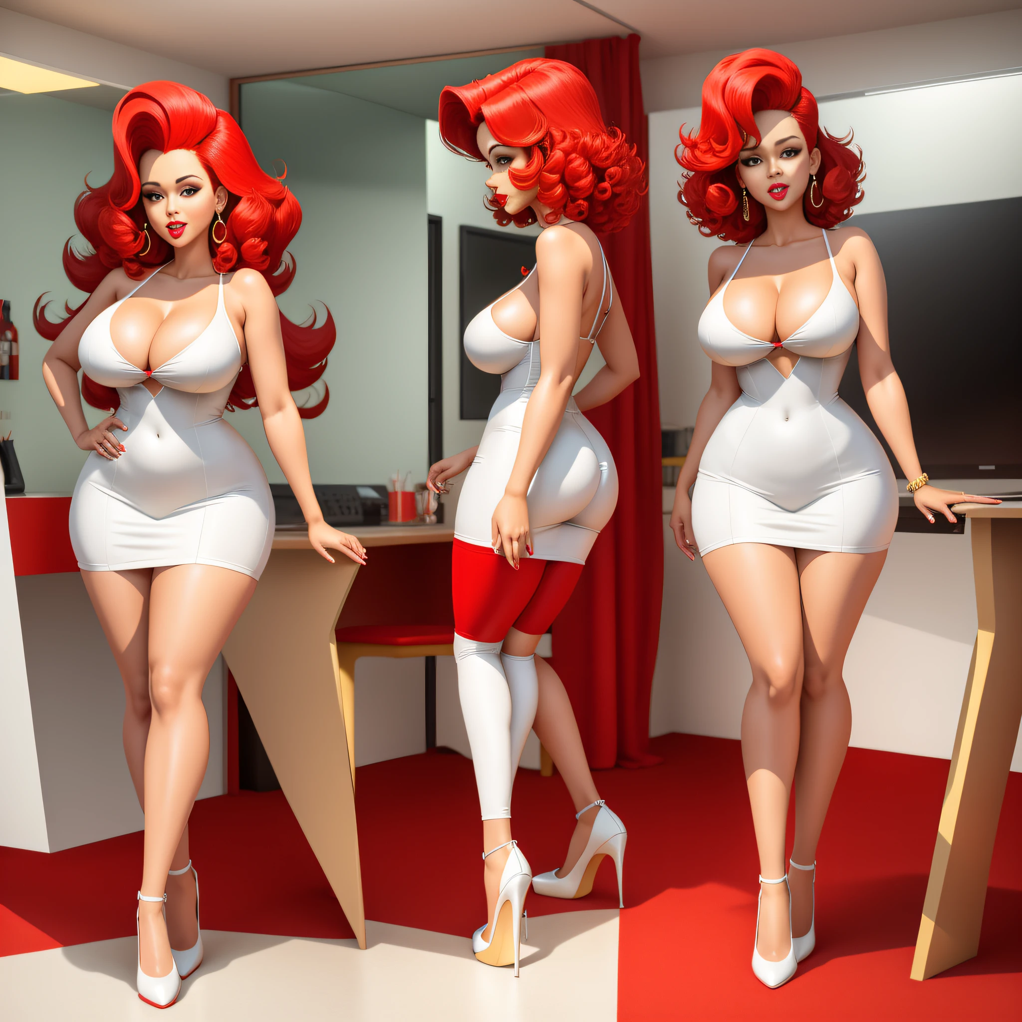 full body portrait, Jessica Rabbit 1980s \(style\), 1 anime girl, red hair, retro artstyle, short curly hair, solo, red dress, red shoes, unbutton_shirt, (natural_breasts:1.2), medium_breasts, cleavage, white bra showing, lace white bra, full body shot, model pose, shoes visible, ass view, face view, multiple viwes,