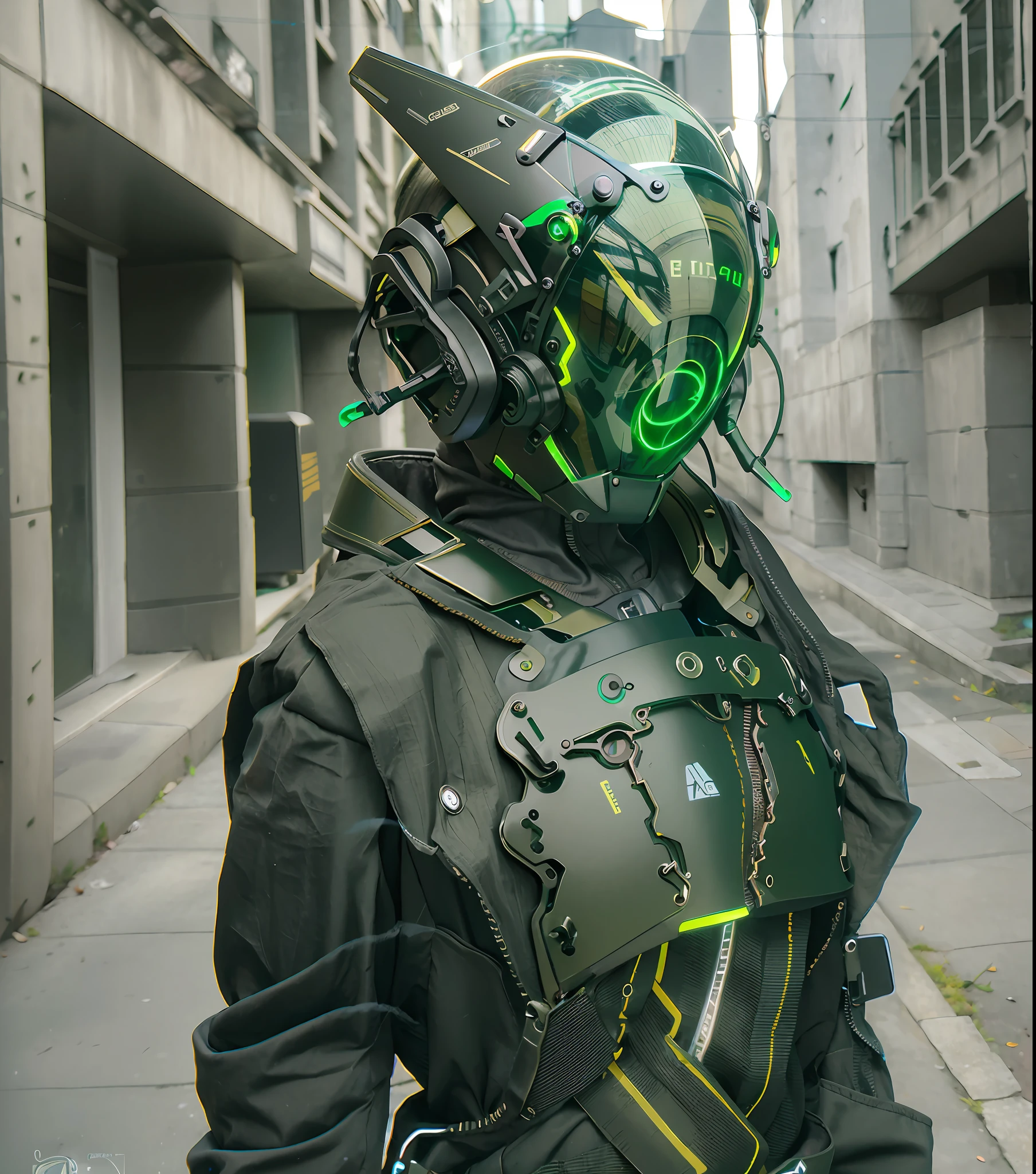 Original, masterpiece, top quality, cyborg woman in a green circle illuminates cyber helmet with black colored ears, black jacket, sunny day, on the street