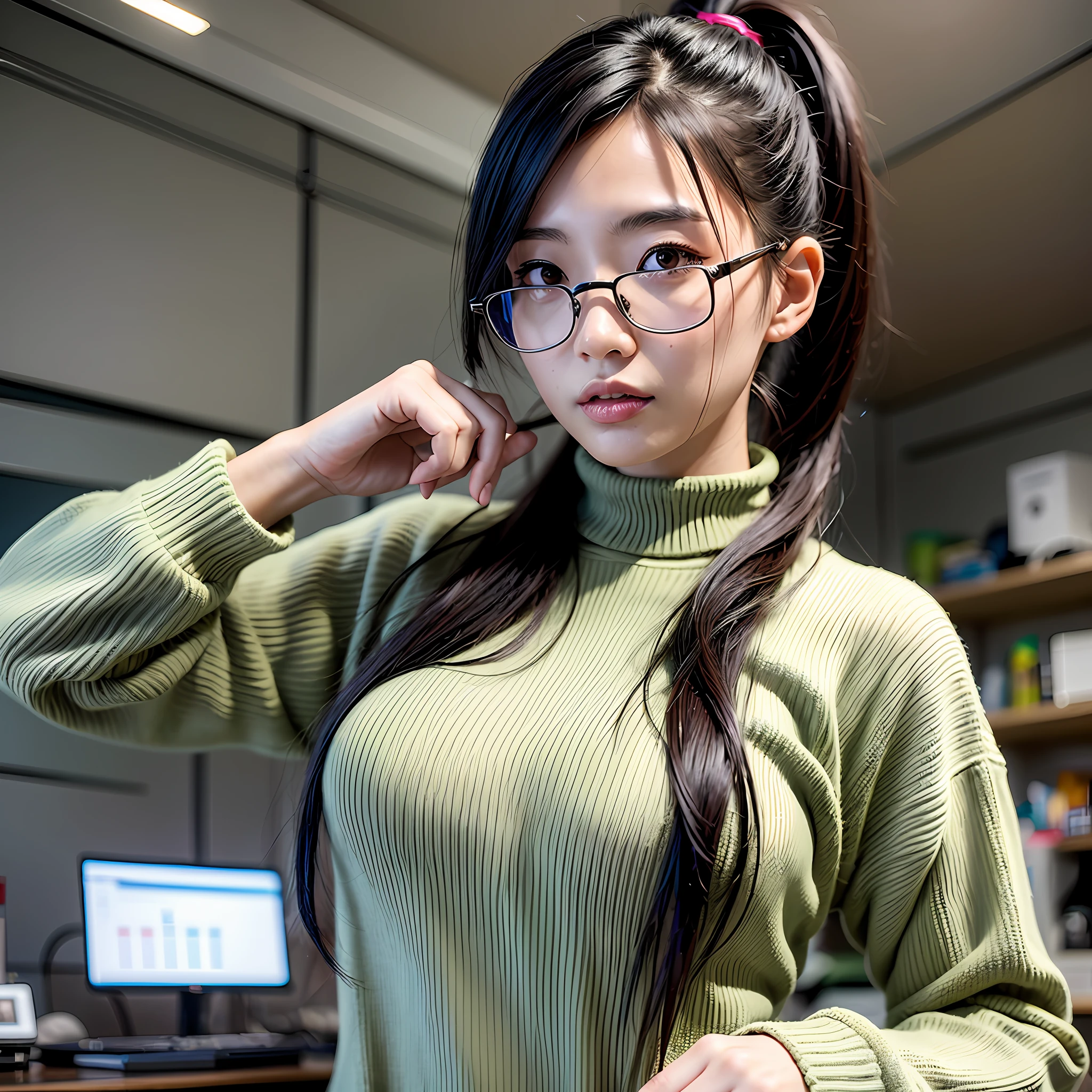 A 21-y-o Japanese woman is putting on her sweater in the laboratory, university student, dressing, detailed face and body, extremely detailed laboratory room, hyperrealistic detailed photo,(realistic:1.5), perfect body size, goddess body ratio, breathtaking view, ponytail hair, glasses woman, best quality, 8k, UHD, HDR, masterpiece