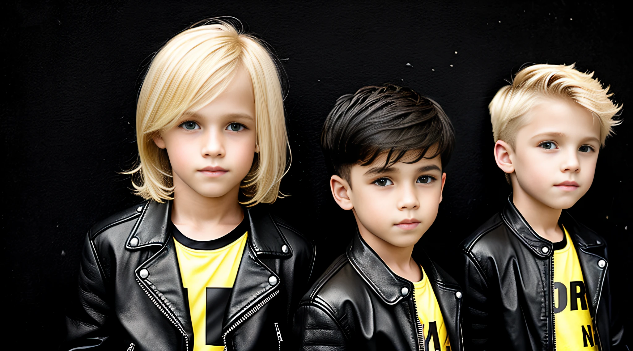 boys blonde children WITH STRAIGHT HAIR, BACKGROUND yellow and black . Black leather jacket and black clothing. .