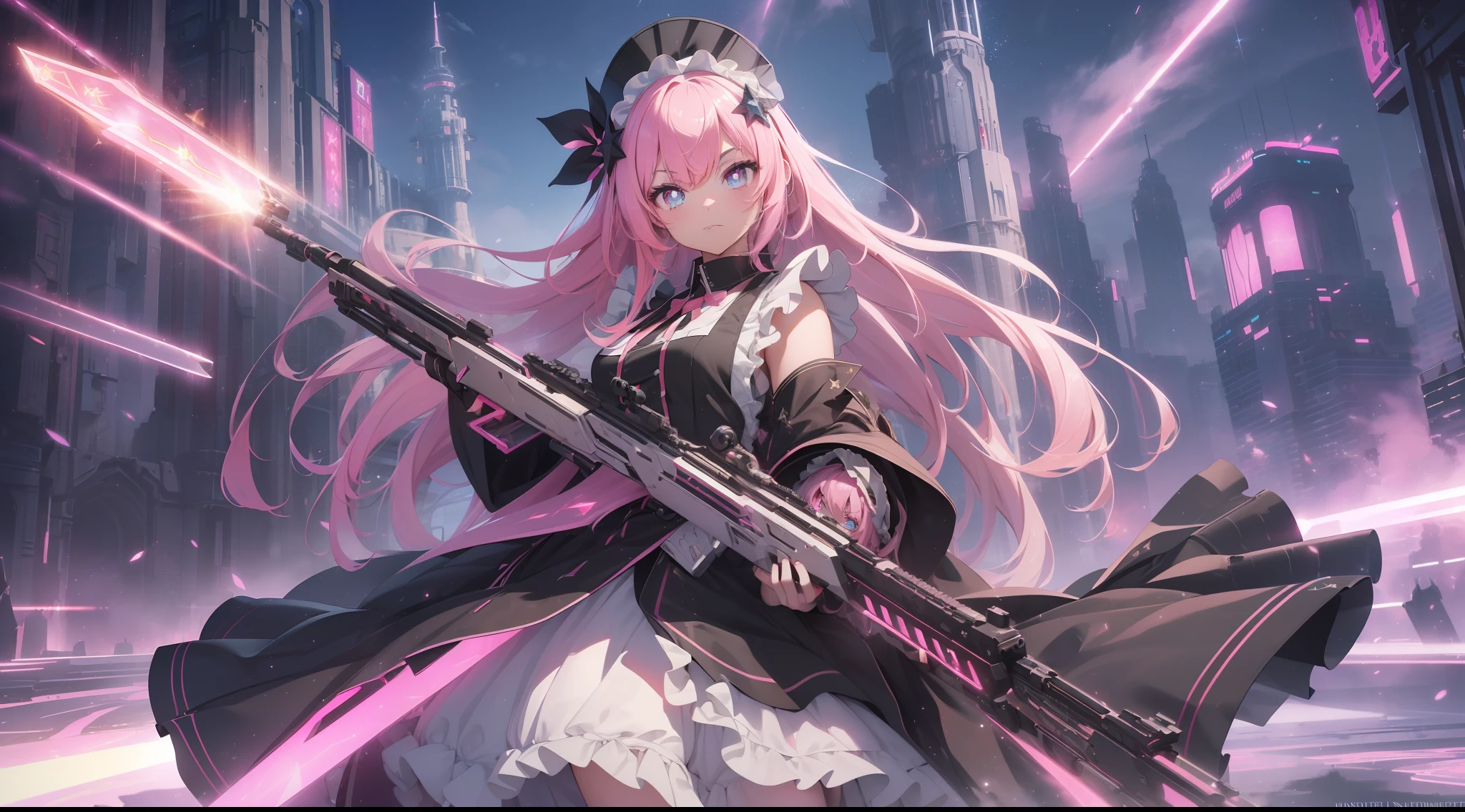 (((masterpiece))),((ultra detailed,best quality, highres, cinematic lighting, twinkle,glitter,lens flare,light particles,shiningtoned, 8k wallpaper, beautiful Clothes,)),fullbody,fullbodyshot (1 girl)((pink hair, long hair,straight hair))(two side up, green eyes),eyeshadow, eyeliner,glow eyes, hyper detailed eyes, intricate eyes, beautiful eyes, best lighting, detailed eyes,((star-shaped pupils,glowing pink pupils))8-year-old girl (white background)huge cool Mechanical Railgun in hands, huge cool weapon machine, mecha, mechanism, machine, open stance,((Girl Maid clothes uniform)),flying,(((Huge weapons)))aiming at viewer,holding gun,A large amount of weapons, a large amount of armament