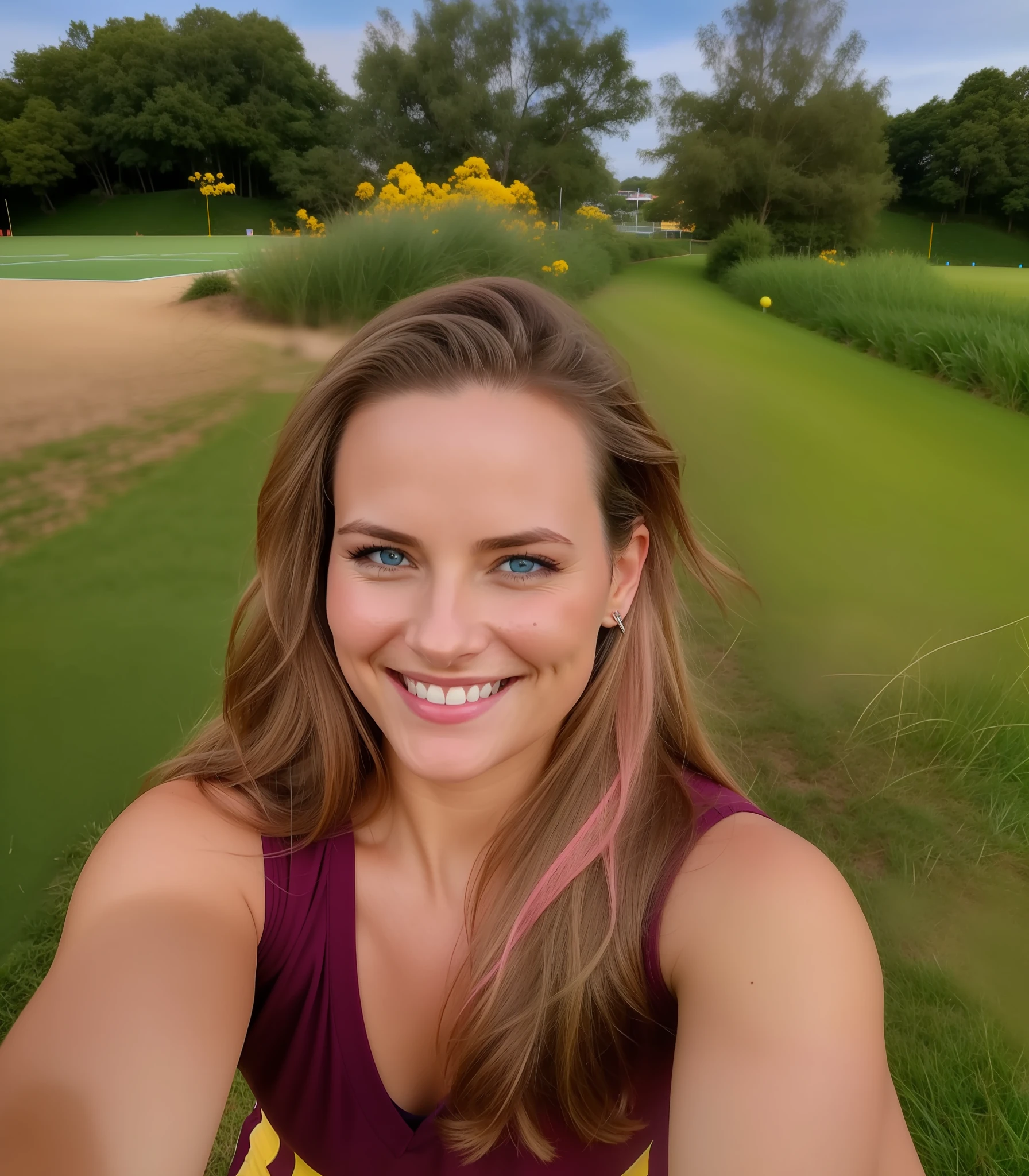 Smiling woman taking a selfie on a football field in the background, light blue eyes, small forehead, profile picture, 35-year-old woman, smiling happily for the camera, natural beauty, wearing blue T-shirt with pink and yellow details