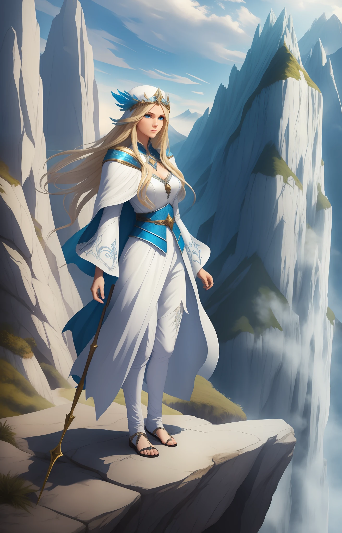 sorceress with white clothes with blue details and blonde hair, full body, on a cliff, mountains in the background, super detailed,