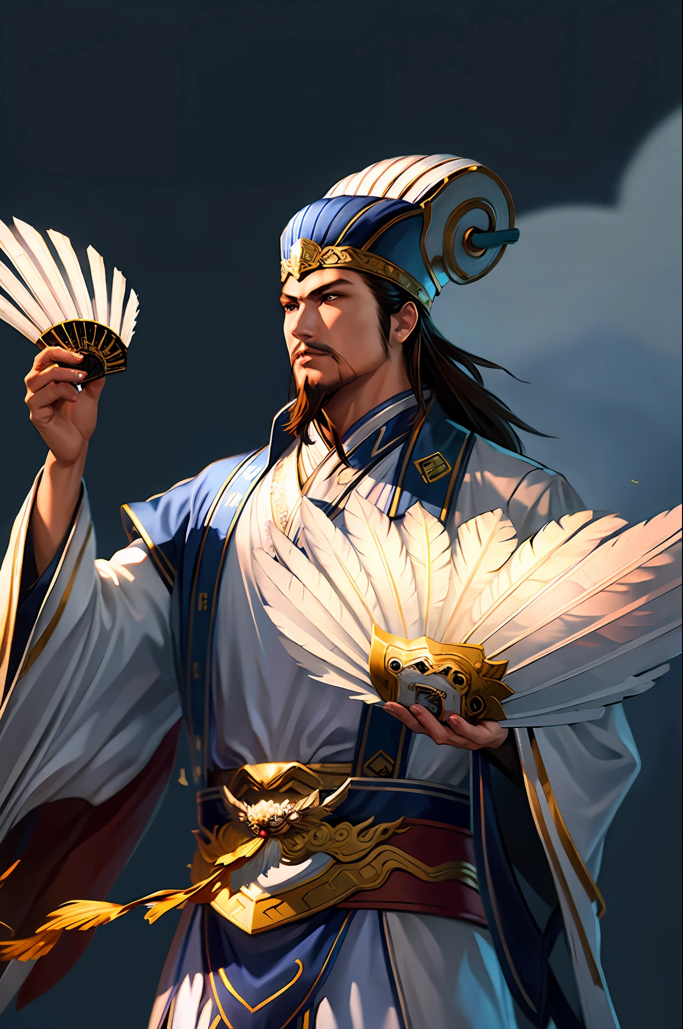 1boy,(8k, best quality, masterpiece:1.4),final fantasy,(fantasy), (lighting),solo, white chinese hat,chinese clothes,(holding Feather Fan),plume,white cloth ,cloud,eagle,wings