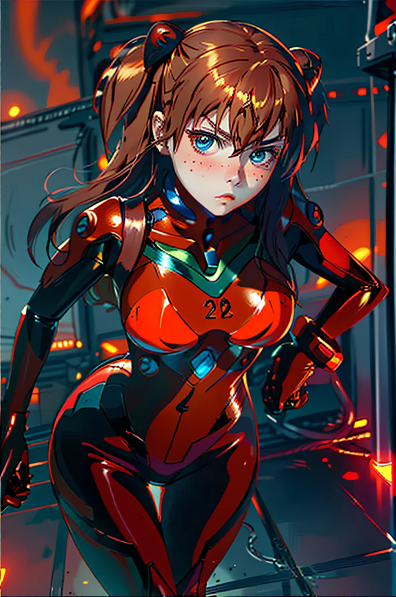 (best quality, masterpiece1.2), (detailed eye:1.2), intricate detail, depth of field, 1girl, standing, souryuu asuka langley, test plugsuit, angry, blush, looking away,