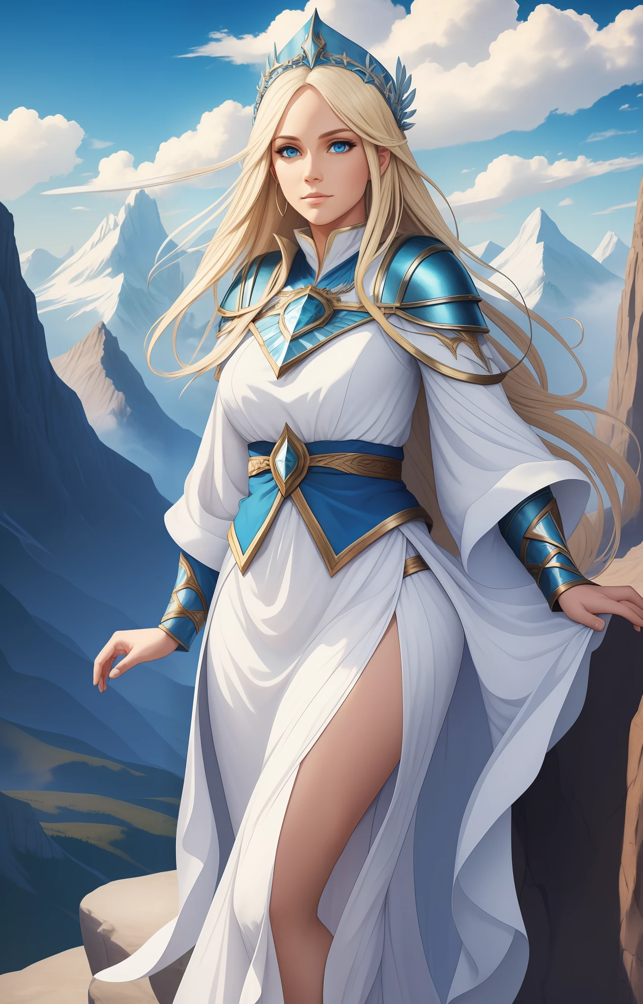 sorceress with white clothes with blue details and blonde hair, full body, on a cliff, mountains in the background, super detailed,
