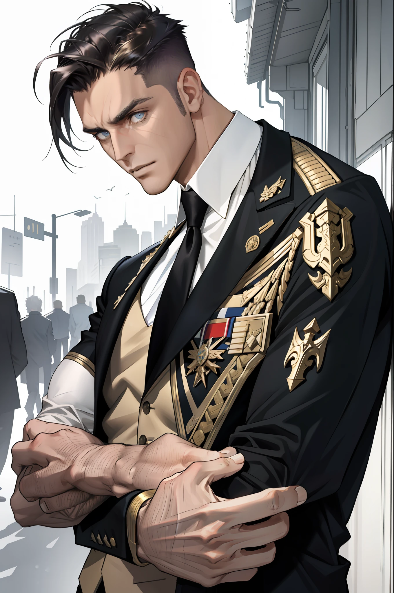 (masterpiece, best quality), 1 male, mature, aged up:1.4, tall muscular guy, broad shoulders, finely detailed eyes and detailed face, best ratio four finger and one thumb, best light and shadow, very short hair, undercut, mercenary, suit, morden urban landscape