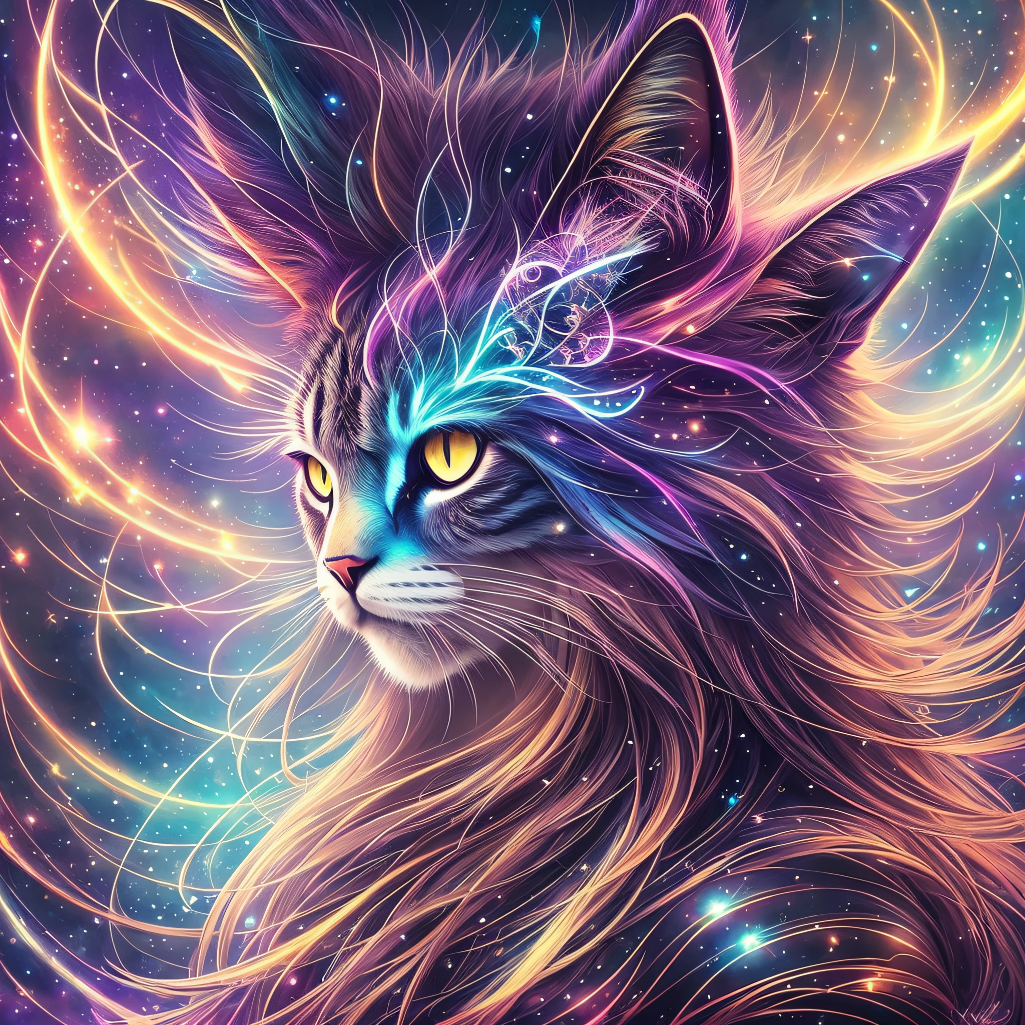 Galactic cat with lots of hair on its head, third eye, staring at something far away, intricate details, electric, fantasy art, Anato Finnstark, latex painting, very detailed, misty rutkowski, HDR, ultra-detailed, edge light, faded, dull