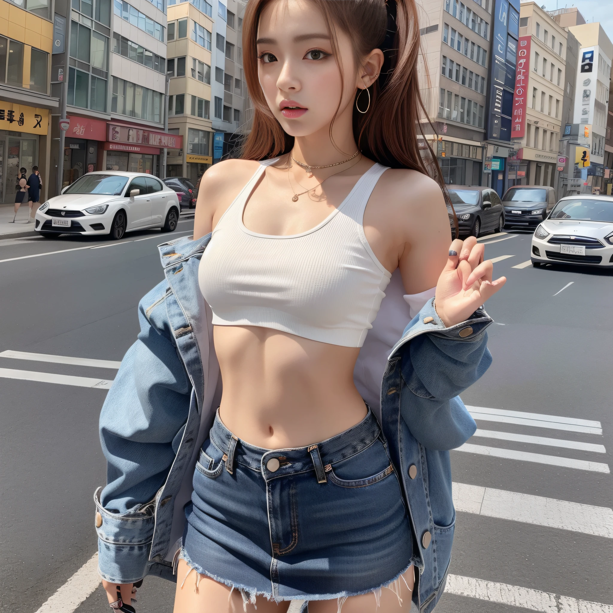 Girl standing on the street with hands raised, wearing cropped top, wearing crop top and mini skirt, korean idol, wearing crop top, wearing casual clothes, physical: smallest midriff ever, wearing cropped top, blackpink jossi, korean female fashion model, wearing casual clothes, 2 0 2 0 fashion, WAIST HEIGHT, LE SSERAFIM, FRONT,