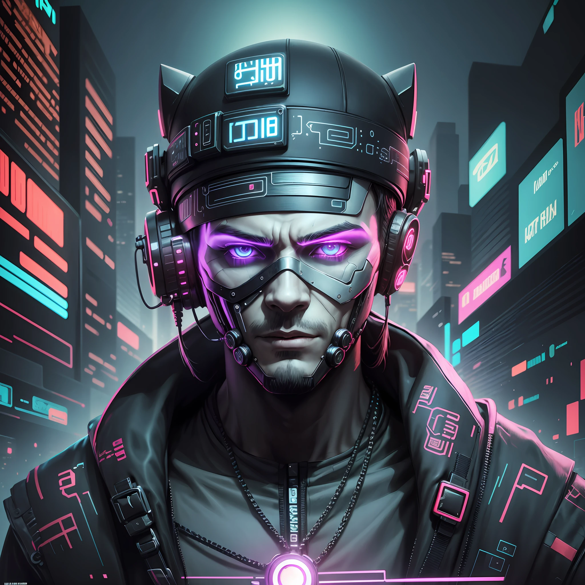 Men, cyberpunk, Wearing a hat., Using a mask., Code, world of digital symbols, matrix style, dark background, Surrealism, cinematic lighting, projected inset, UHD, super detail, best quality, ultra neon 64k --auto --s2