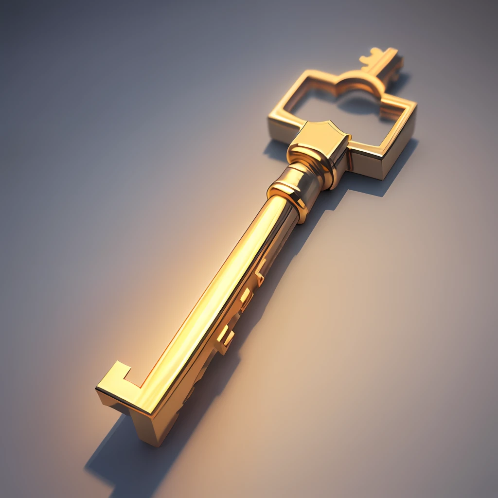 A vertical gold key detached from the background is ultra realistic. The key contains a perfect shading, which clashes with the white background giving a 3d effect. This key has a reflection of light in its bright golden color.