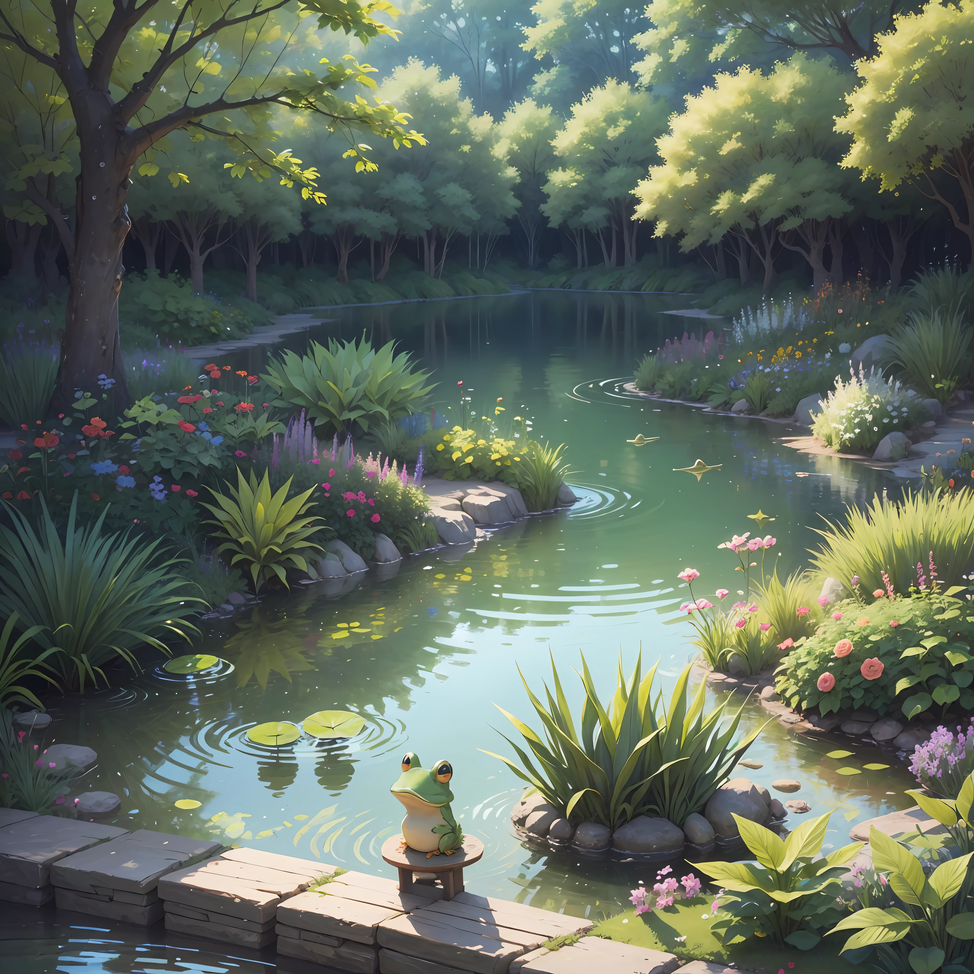 Draw a serene and peaceful lake, surrounded by lush and colorful plants. On one of the banks, a small frog is sitting, happy and satisfied. Around the lake, there are other friendly animals such as birds singing, butterflies dancing and dragonflies buzzing. Create a magical and enchanting scene that will transport children to a world of imagination and adventure! --auto --s2
