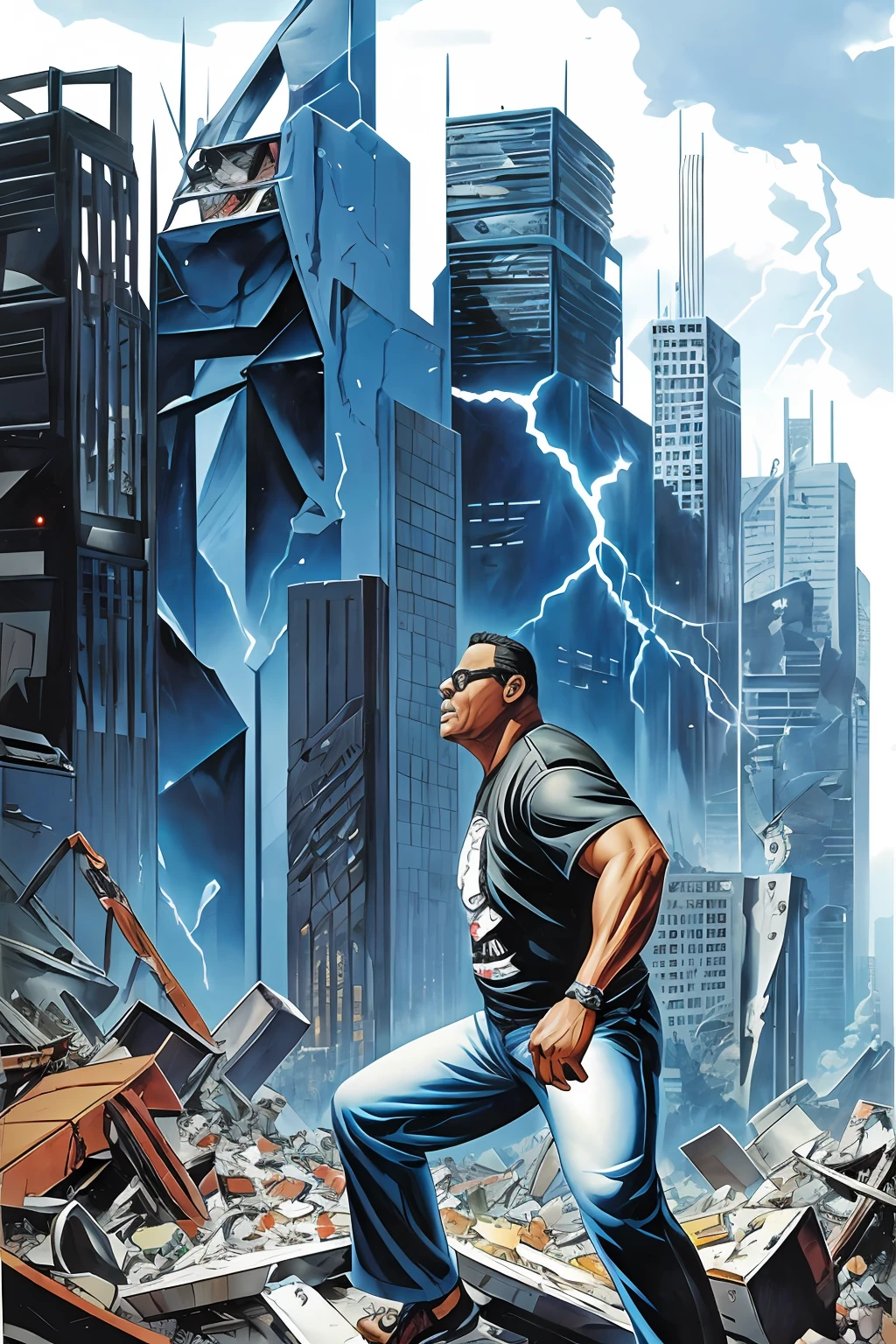 guttonerdvision4, a man with 40-foot-tall glasses, torn pants, torn white T-shirt, giant, nervous, destroying the buildings of a city. Pieces of rubble everywhere, sky with lightning and thunder, Illustration by Alex Ross, detailed, kinematic