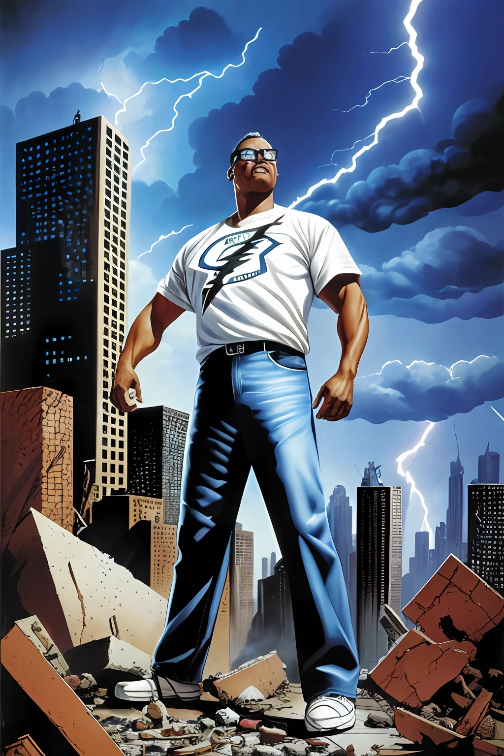 guttonerdvision4, a man with 40-foot-tall glasses, torn pants, torn white T-shirt, giant, nervous, destroying the buildings of a city. Pieces of rubble everywhere, sky with lightning and thunder, Illustration by Alex Ross, detailed, kinematic