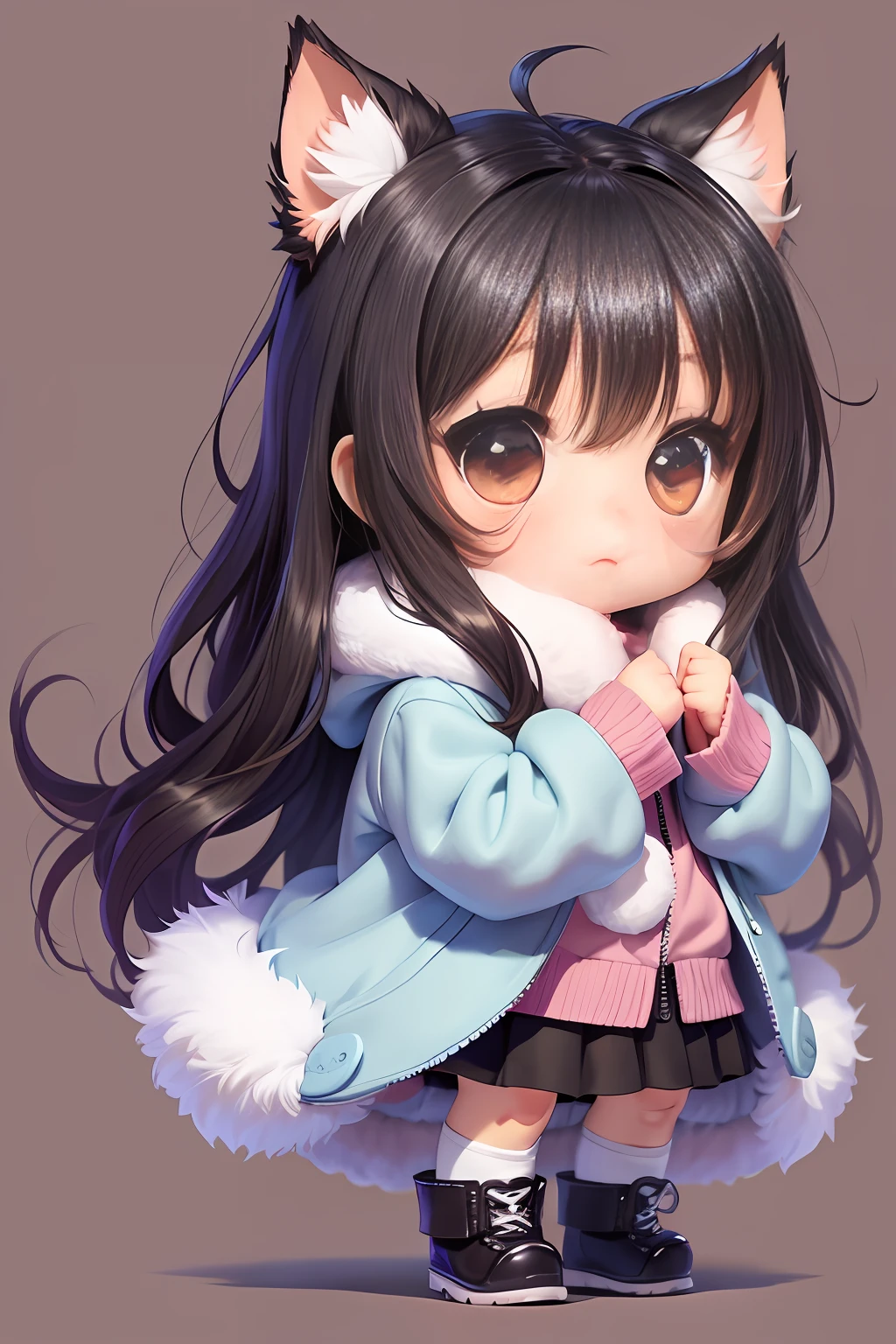 (cute:1.2),fluffy coat,chibi character, model style, small size, cozy background, pt-BR.