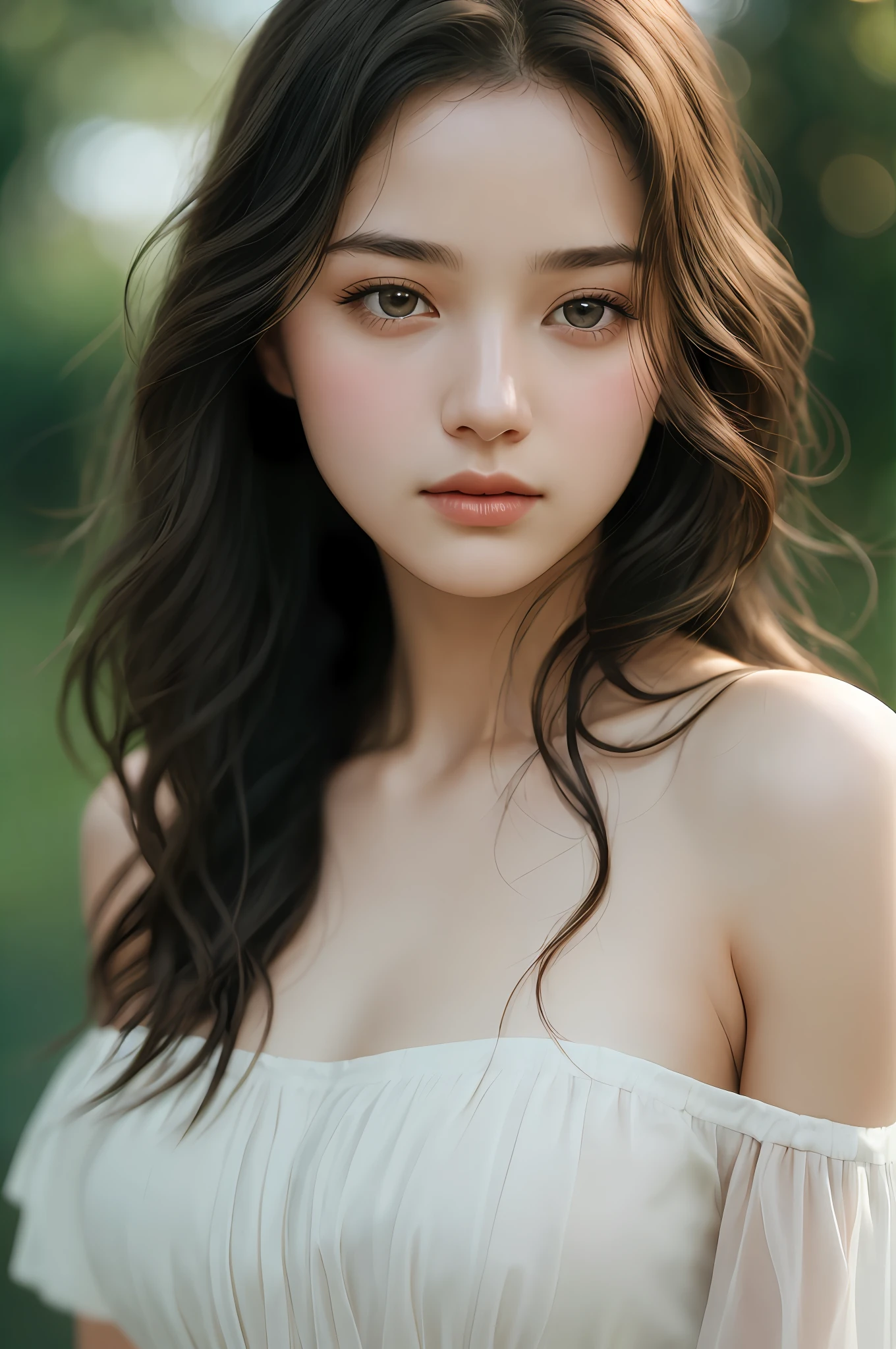filmg, film portrait photography, 1girl, bare shoulders, wavy shoulder-length hair, serene, calm, (realistic detailed eyes, natural skin texture, realistic face details), soft dramatic lighting, depth of field, bokeh, vibrant details, finely detailed, hyperrealistic, 35mm film, hazy blur