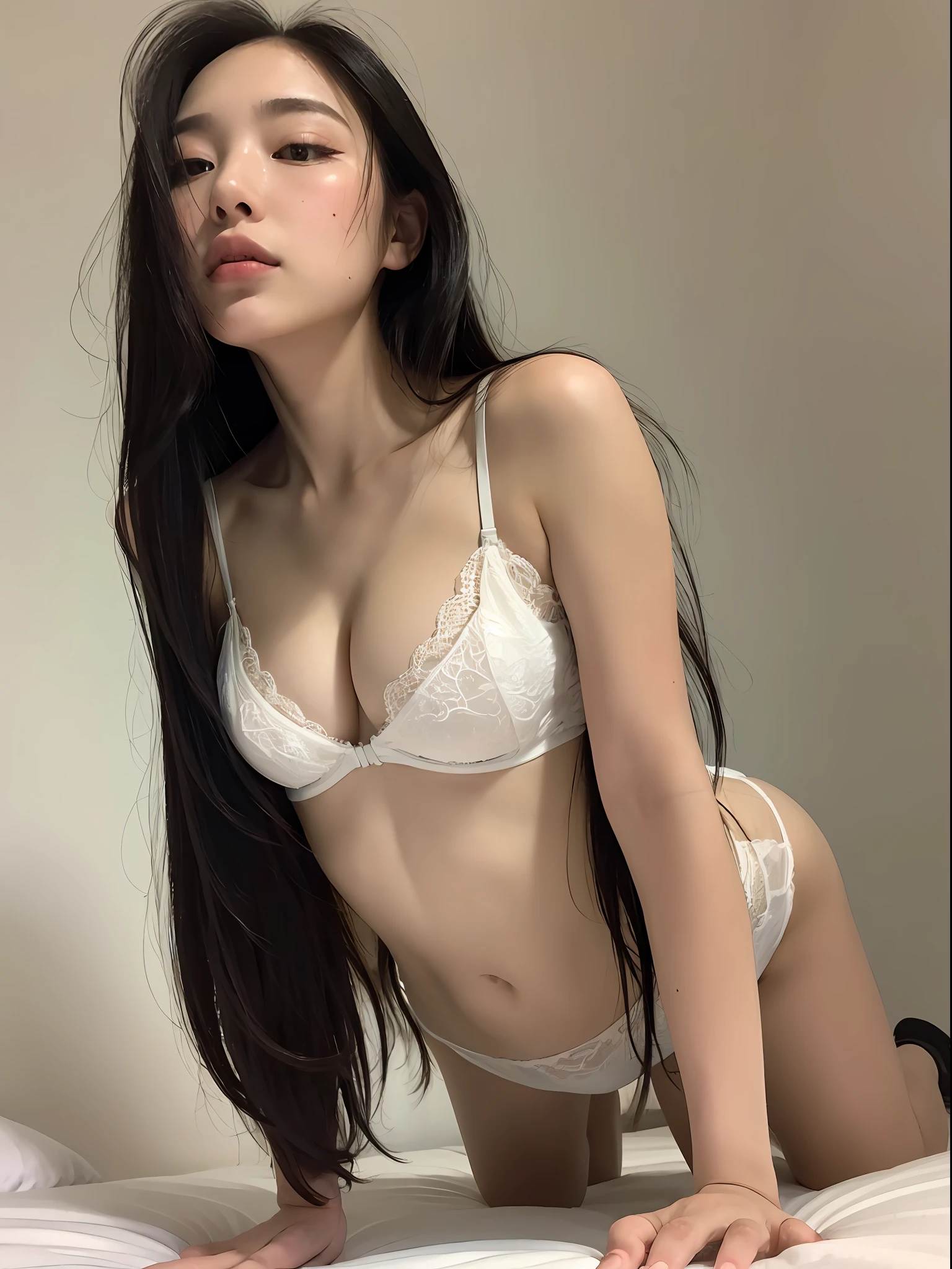 ((Top Quality, 16k, Masterpiece: 1.3)), (Beauty, 1 Girl, Big: 1.2, Slender Abs: 1.1), (Crawling on All Fours, Kneeling), (Ultra Detailed Face, Highly Detailed Lips, Detailed Eyes, Double Eyelids), Disheveled Hair, (White Bed), (Pose), (Dark Blue See-Through Bra, T-Back), (Very Sleepy Look), From Below
