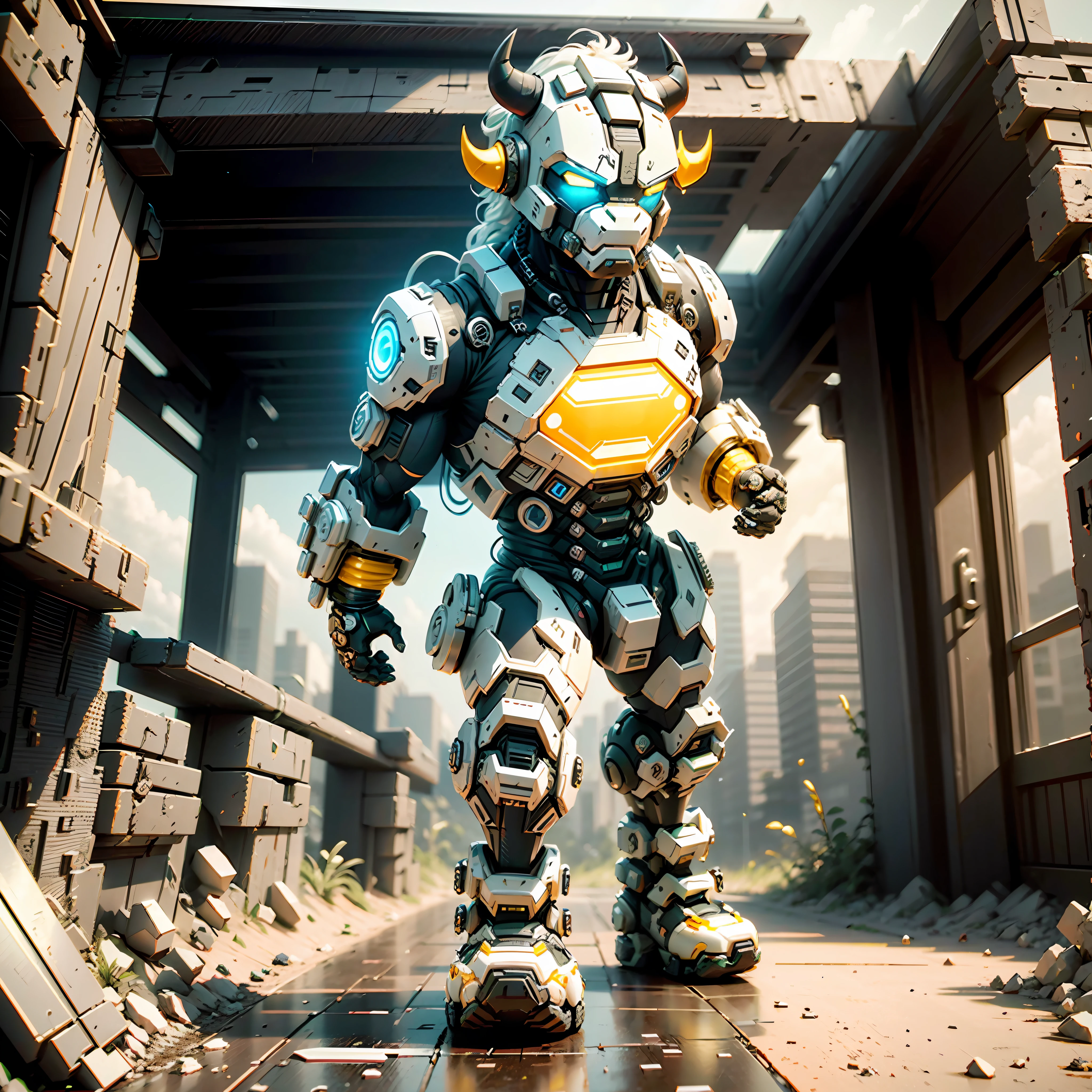 Bull Mecha, Humanoid, Full Body, Solitary, Cyberpunk, Delicate Bull Head Head, Glow, Popmart Blind Box, Clay Texture, Stepping on Earth, Black and White Background, Natural Daylighting, Best Quality, Hyper Detail, 3D Art, C4D, OC Renderer, 3D Rendering, 8K