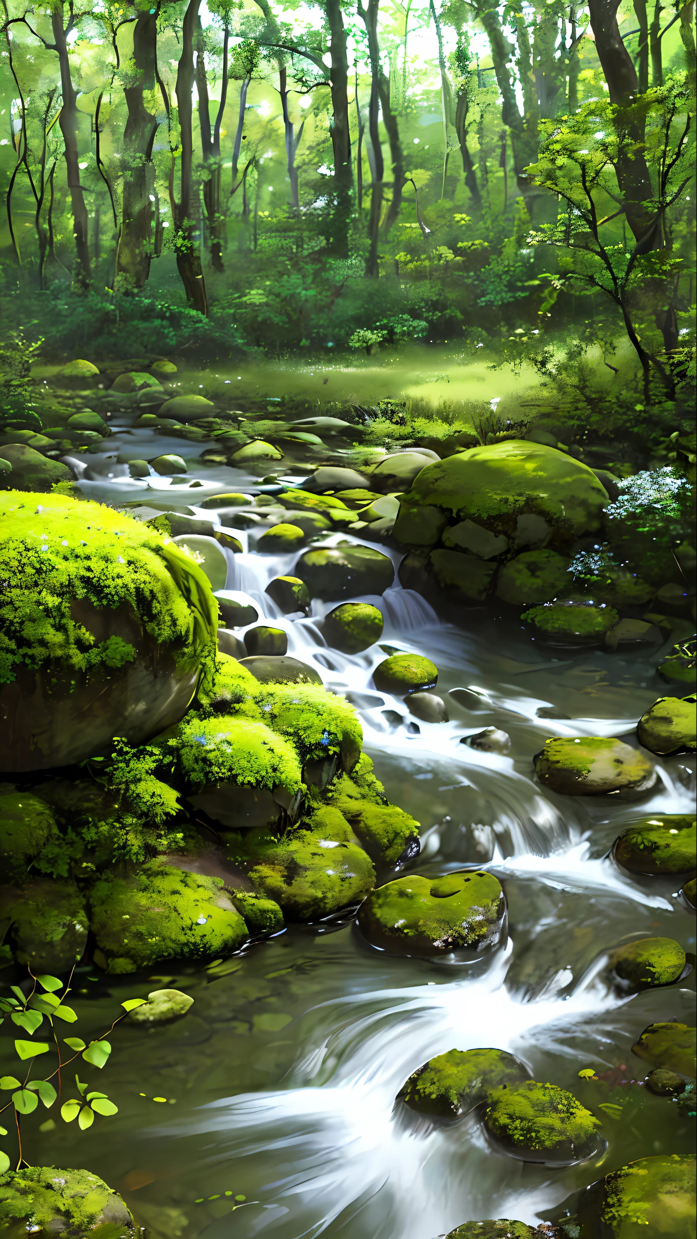 (Best quality)), (no photos of people), in the forest, frogs, quiet ponds, lots of wildflowers, creeks, stones, moss,