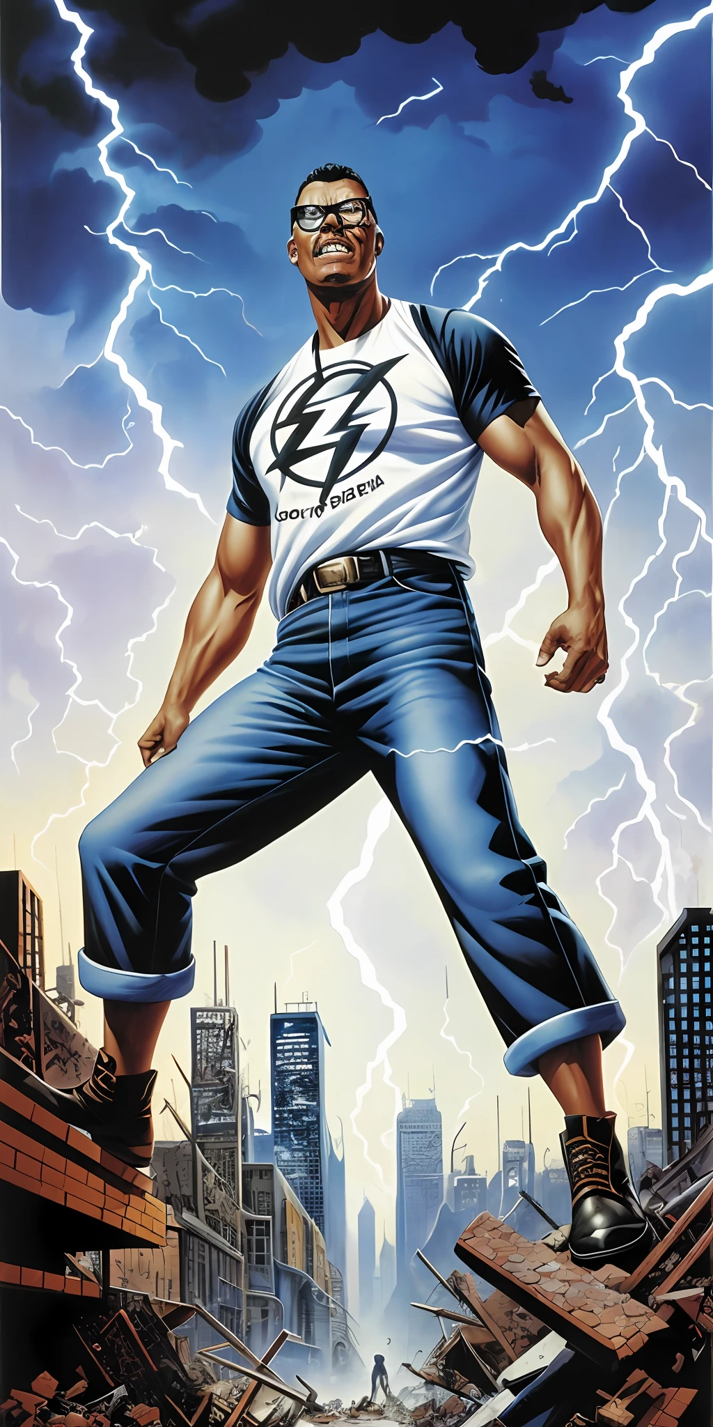 guttonerdvision4, a man with 40-foot-tall glasses, torn pants, torn white T-shirt, giant, nervous, destroying the buildings of a city. Pieces of rubble everywhere, sky with lightning and thunder, Illustration by Alex Ross, detailed, kinematic