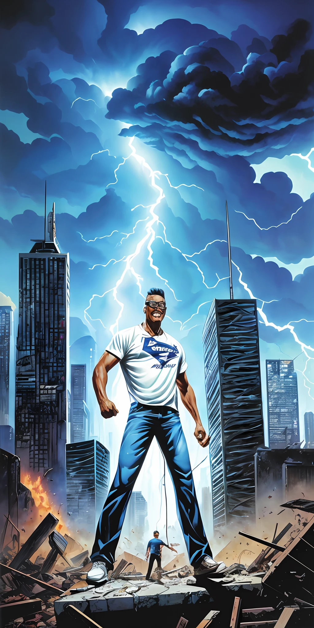 guttonerdvision4, a man with 40-foot-tall glasses, torn pants, torn white T-shirt, giant, nervous, destroying the buildings of a city. Pieces of rubble everywhere, sky with lightning and thunder, Illustration by Alex Ross, detailed, kinematic