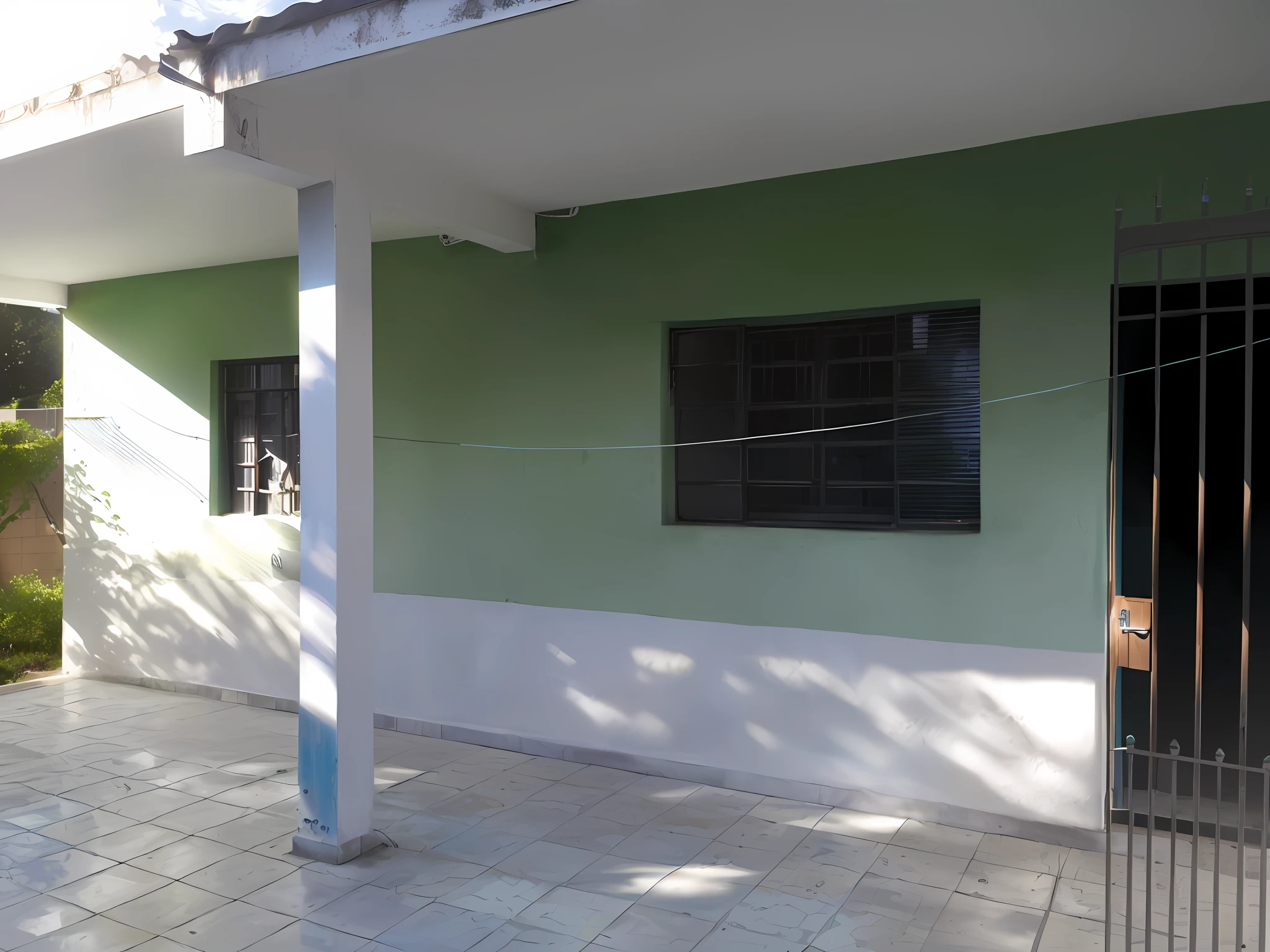 there is a white and green building with a blue door, outside view, centre image, exterior view, front side, front-view, seen from outside, frontal picture, building facing, frontview, complete house, patio, front side view, by Rodolfo Amoedo, listing image, school courtyard, view from side, front view, real image