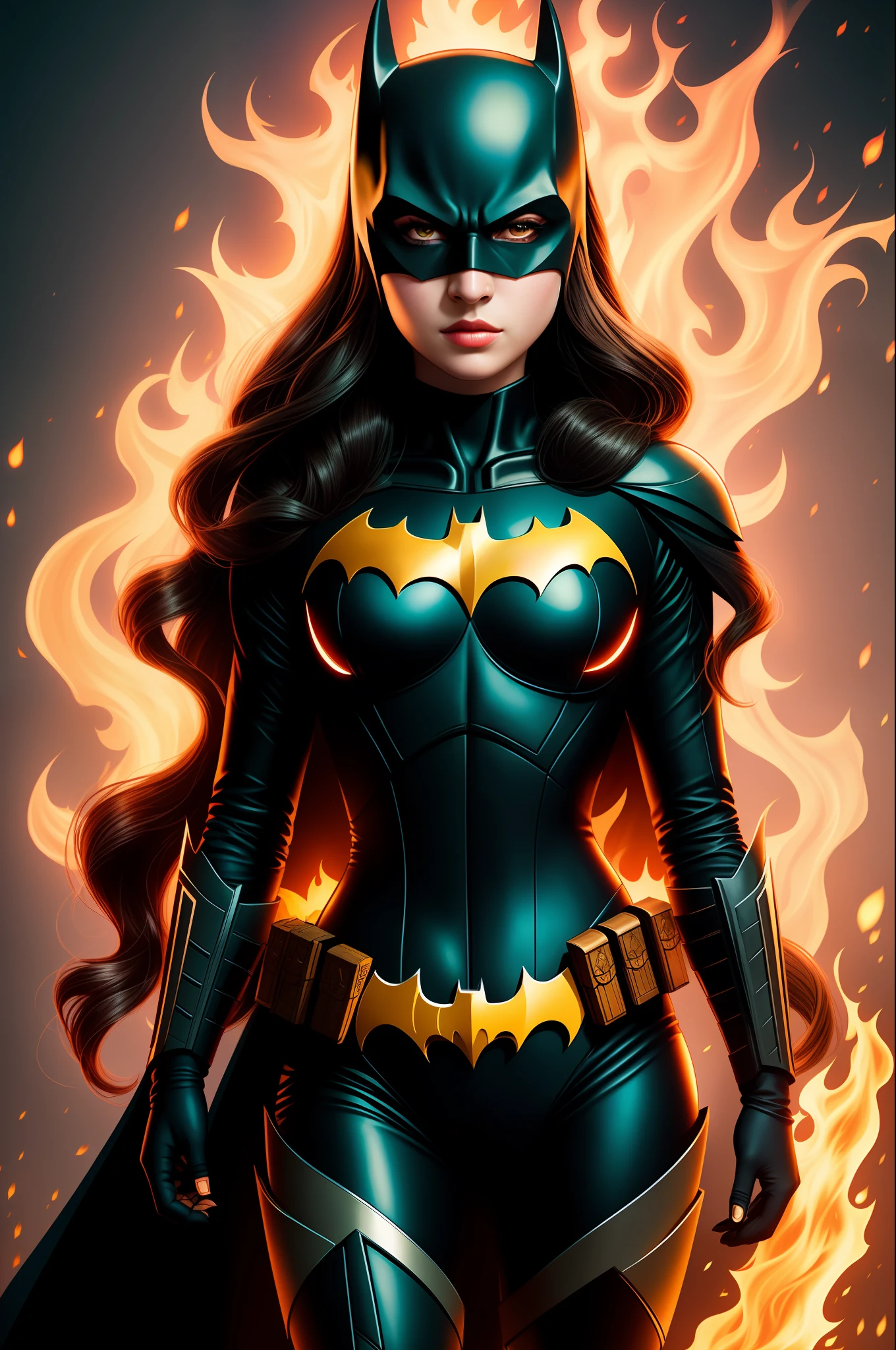 masterpiece, best quality, illustration, {beautiful girl with detailed Batman cosplay}, beautiful detailed glow, flames of war