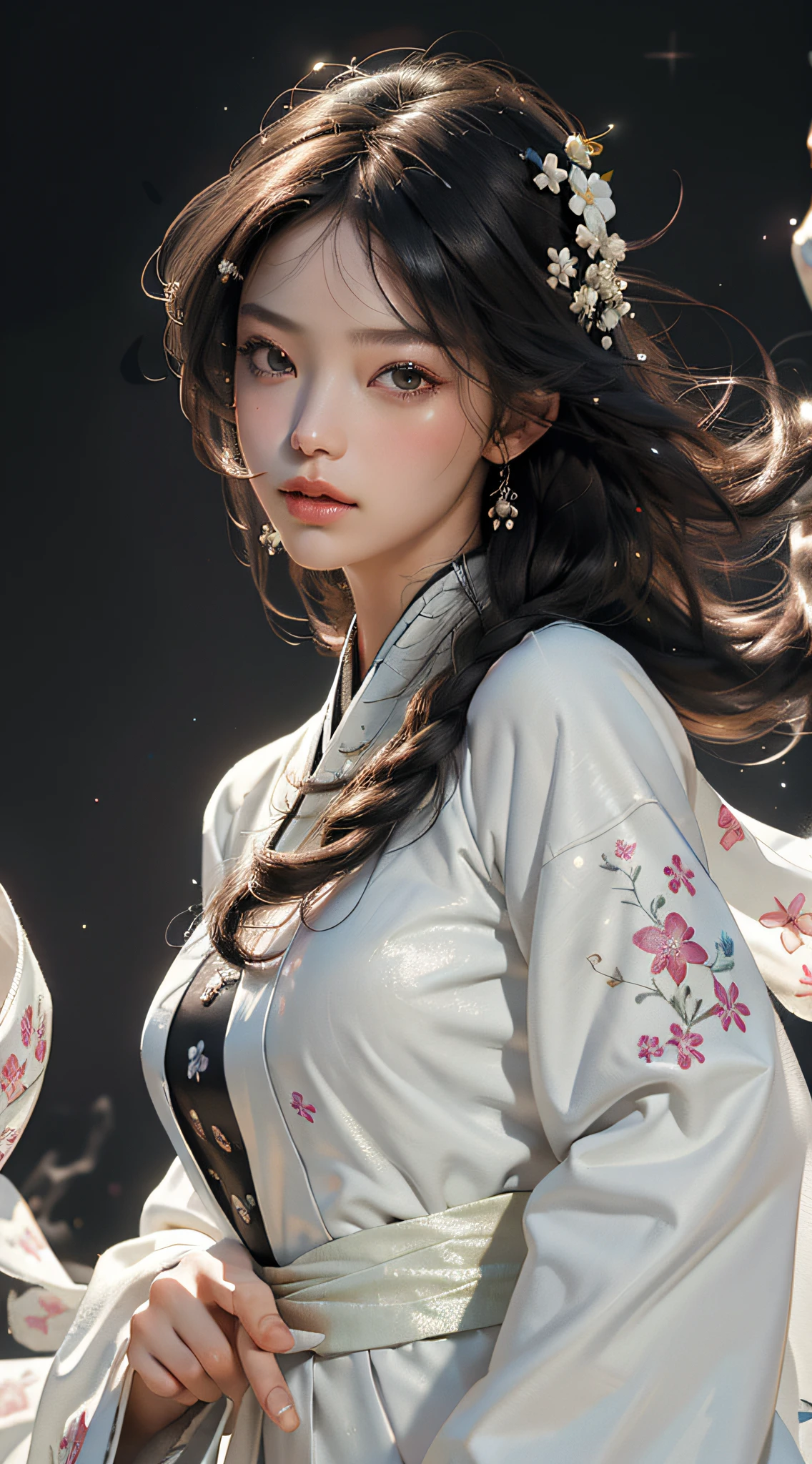 Super high quality, masterpiece, perfect illustration, extreme detail (exquisite light and shadow, highly dramatic picture,) Stroke, 1 girl, solo, ((wearing black and white Hanfu,)) flower field, flowers, (white smoke: 1.3) (realistic: 1.4), zen entanglement, tangled, official art, Unity 8k wallpaper, super detailed, beautiful and beautiful, masterpiece, best quality, (dynamic angle: 1.4), glowing skin, (floating colorful glitter: 1) the most beautiful chaotic form, elegant, brutalist design, bright colors, romantic depth of field exotic_dance, half_naked