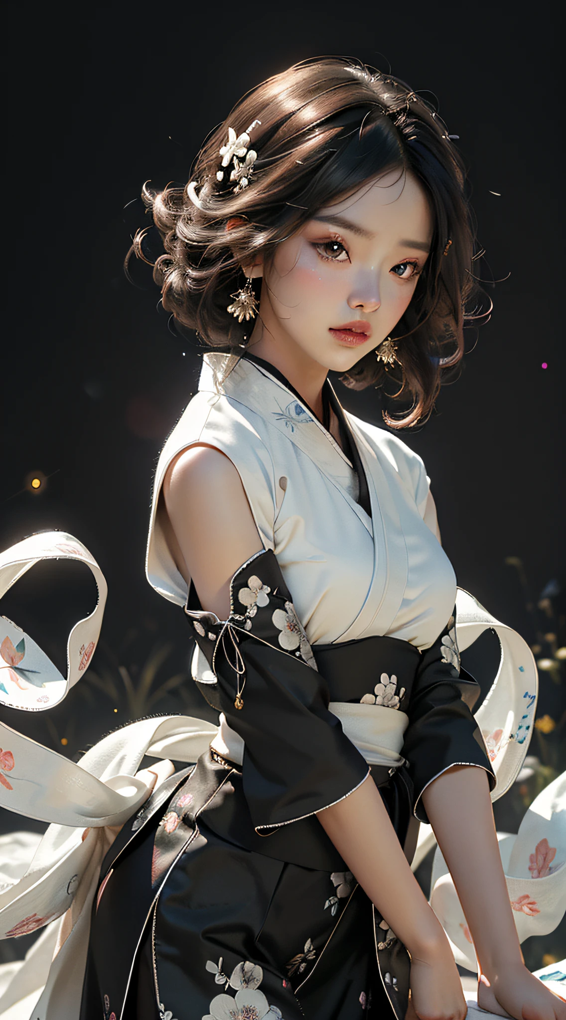 Super high quality, masterpiece, perfect illustration, extreme detail (exquisite light and shadow, highly dramatic picture,) Stroke, 1 girl, solo, ((wearing black and white Hanfu,)) flower field, flowers, (white smoke: 1.3) (realistic: 1.4), zen entanglement, tangled, official art, Unity 8k wallpaper, super detailed, beautiful and beautiful, masterpiece, best quality, (dynamic angle: 1.4), glowing skin, (floating colorful glitter: 1) the most beautiful chaotic form, elegant, brutalist design, bright colors, romantic depth of field exotic_dance, half_naked