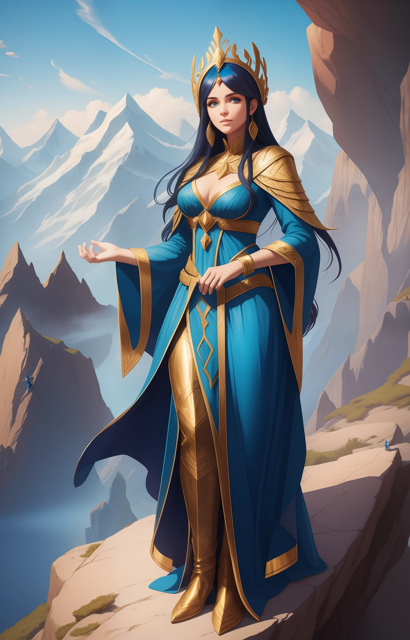 sorceress with blue clothes with golden details and black hair, full body, on a cliff, mountains in the background, super detailed,