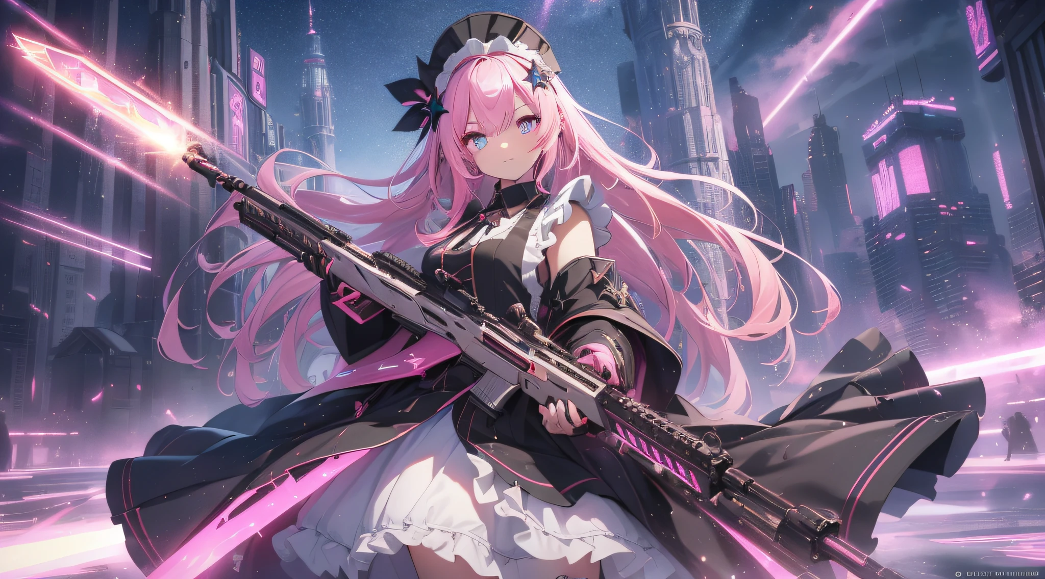 (((masterpiece))),((ultra detailed,best quality, highres, cinematic lighting, twinkle,glitter,lens flare,light particles,shiningtoned, 8k wallpaper, beautiful Clothes,)),fullbody,fullbodyshot (1 girl)((pink hair, long hair,straight hair))(two side up, green eyes),eyeshadow, eyeliner,glow eyes, hyper detailed eyes, intricate eyes, beautiful eyes, best lighting, detailed eyes,((star-shaped pupils,glowing pink pupils))8-year-old girl (white background)huge cool Mechanical Railgun in hands, huge cool weapon machine, mecha, mechanism, machine, open stance,((Girl Maid clothes uniform)),flying,(((Huge weapons)))aiming at viewer,holding gun,A large amount of weapons, a large amount of armament