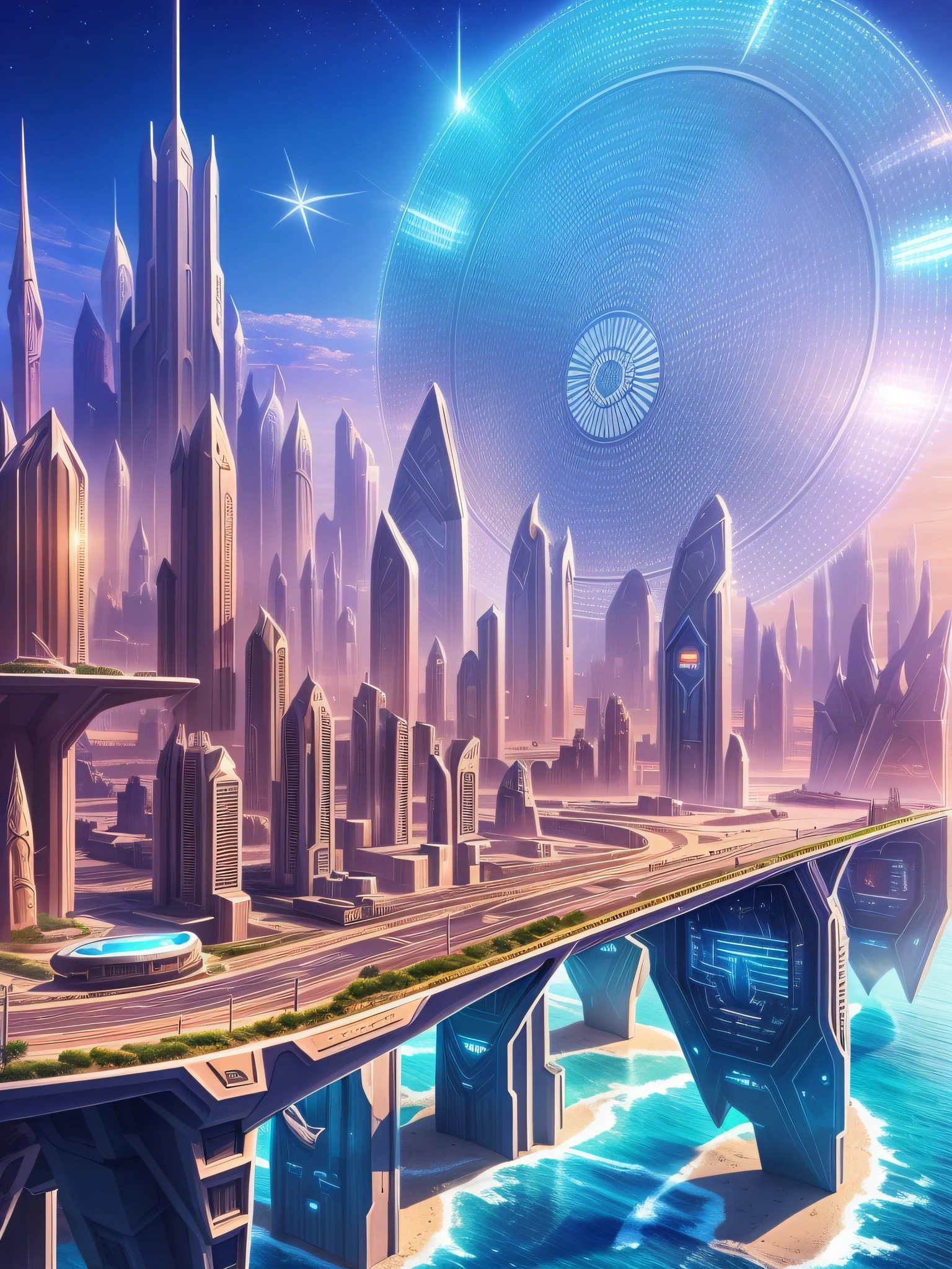 futuristic city, fantasy, 24th century, desert, sea