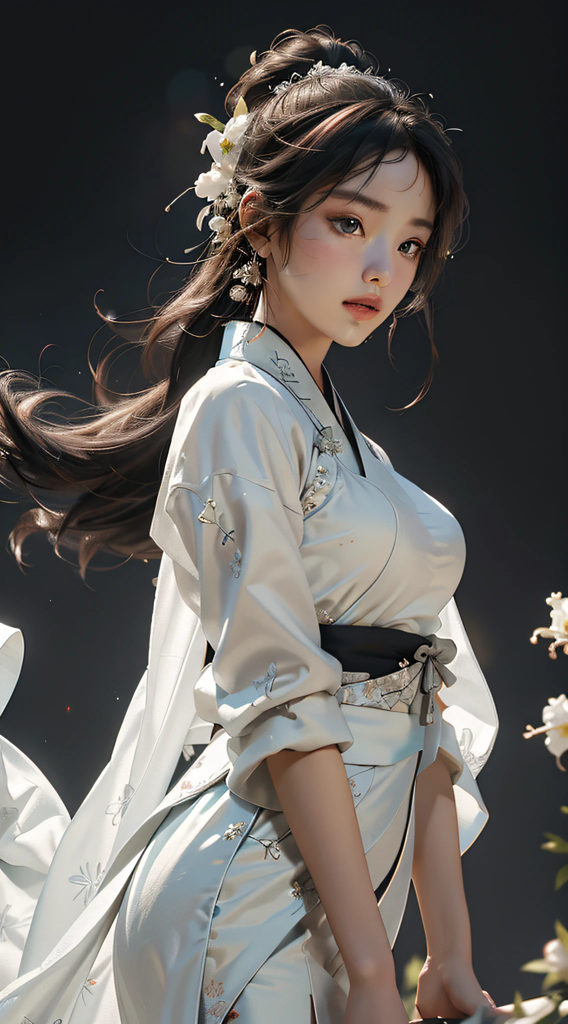 Super high quality, masterpiece, perfect illustration, extreme detail (exquisite light and shadow, highly dramatic picture,) Stroke, 1 girl, solo, ((wearing black and white Hanfu,)) flower field, flowers, (white smoke: 1.3) (realistic: 1.4), zen entanglement, tangled, official art, Unity 8k wallpaper, super detailed, beautiful and beautiful, masterpiece, best quality, (dynamic angle: 1.4), glowing skin, (floating colorful glitter: 1) the most beautiful chaotic form, elegant, brutalist design, bright colors, romantic depth of field exotic_dance, half_naked