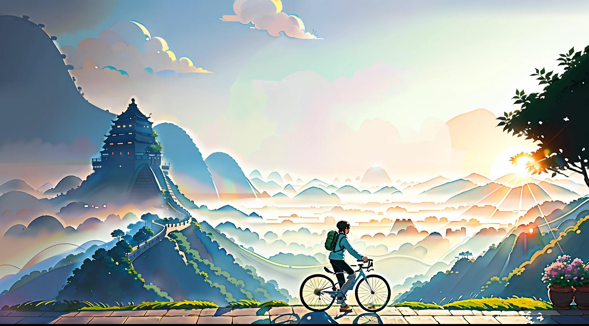 (bike: 1.5), (realistic bike: 1.5), (realistic cyclist: 1.5), back cyclist in the foreground, china, on the wall of china, lofi landscape, sun, shadows, contrast, makoto shinkai (Best quality: 1.3), (Highres:1) Art by Studio Ghibli Style, Impressionism, Solitude