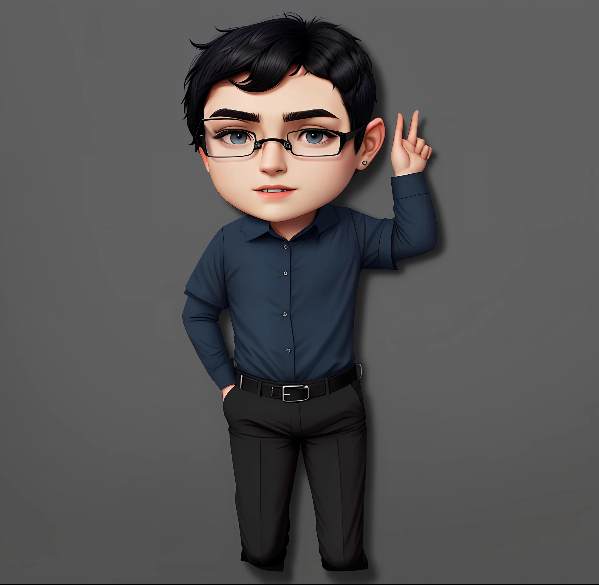 Short black hair, dark blue shirt, black trousers, glasses