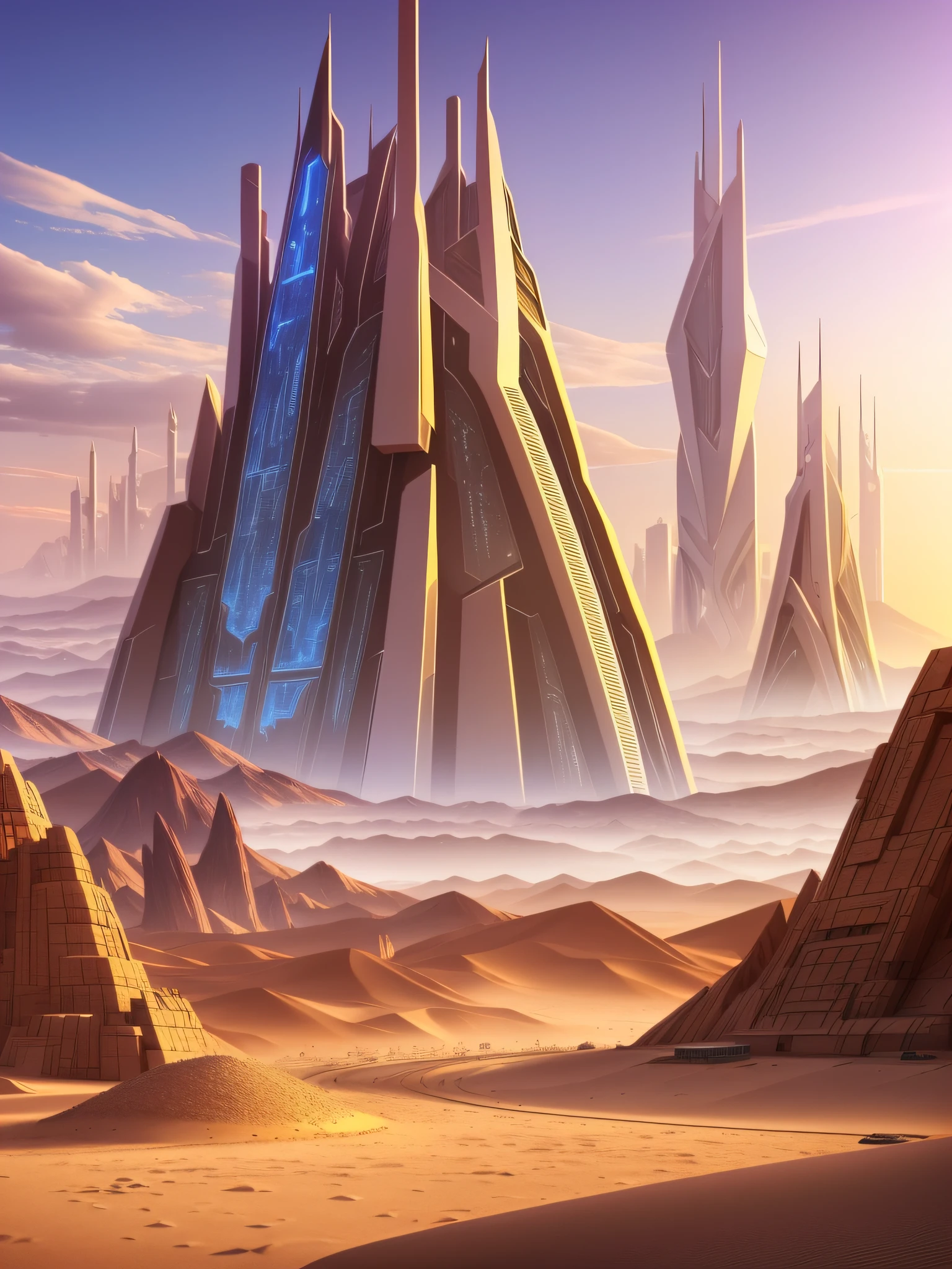 futuristic city, fantasy, 24th century, desert, mountain