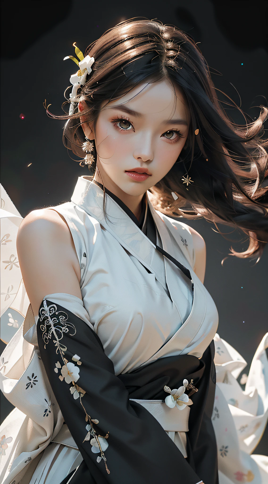 Super high quality, masterpiece, perfect illustration, extreme detail (exquisite light and shadow, highly dramatic picture,) Stroke, 1 girl, solo, ((wearing black and white Hanfu,)) flower field, flowers, (white smoke: 1.3) (realistic: 1.4), zen entanglement, tangled, official art, Unity 8k wallpaper, super detailed, beautiful and beautiful, masterpiece, best quality, (dynamic angle: 1.4), glowing skin, (floating colorful glitter: 1) the most beautiful chaotic form, elegant, brutalist design, bright colors, romantic depth of field exotic_dance, half_naked