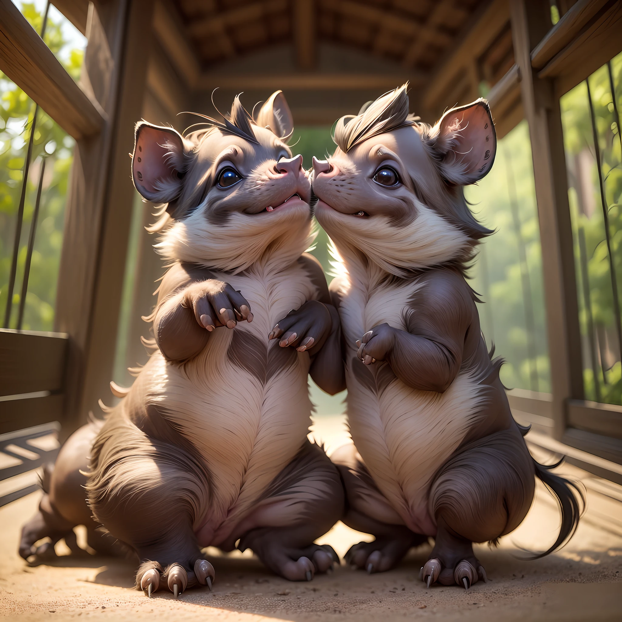 Cute warthogs和可爱的细尾獴和可爱的狮子 dancing with their hands