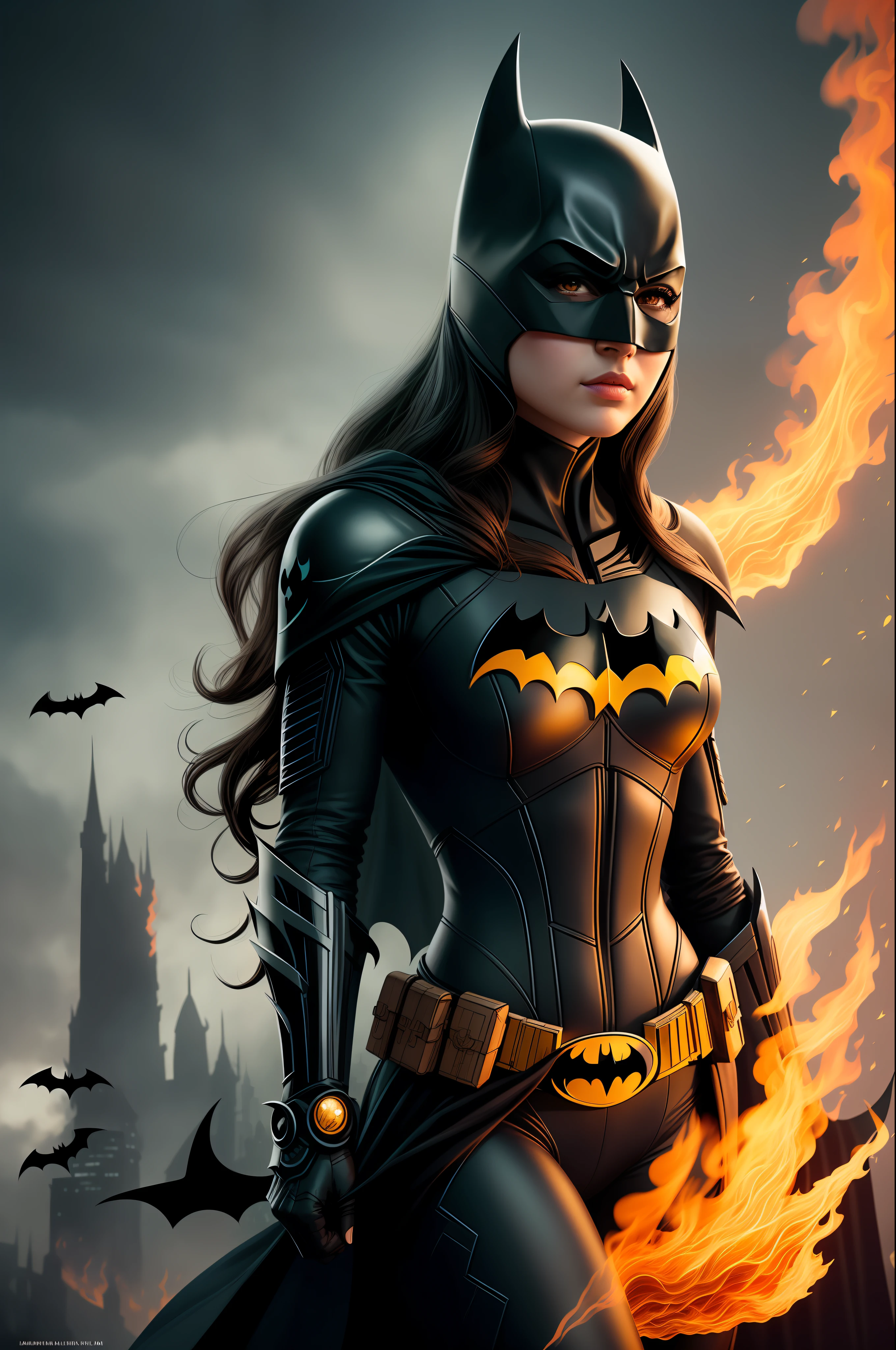 masterpiece, best quality, illustration, {beautiful girl with detailed Batman cosplay}, beautiful detailed glow, flames of war