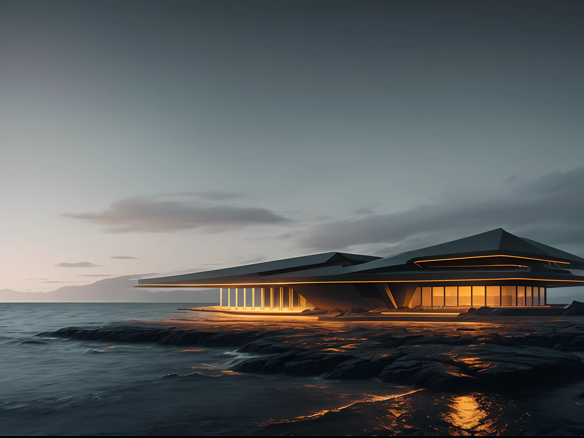 nature, epic futuristic base in the center, dark, fade, warm, glow at night, raw, hdr, (sea:1.3), cinematic, slate grey, dramatic light, architecture