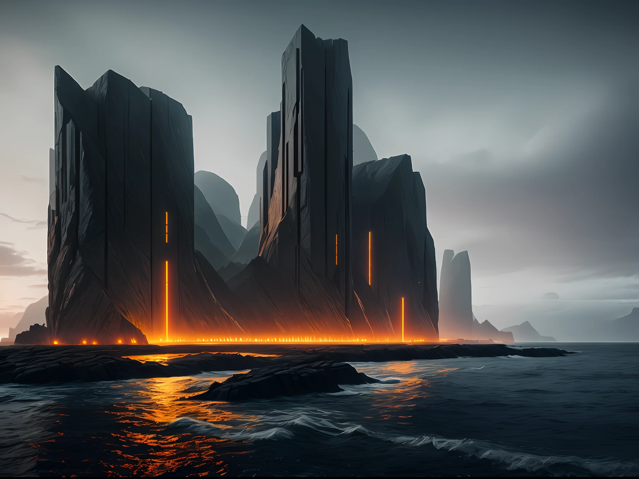 nature, epic futuristic base in the center, dark, fade, warm, glow at night, raw, hdr, (sea:1.3), cinematic, slate grey, dramatic light, architecture