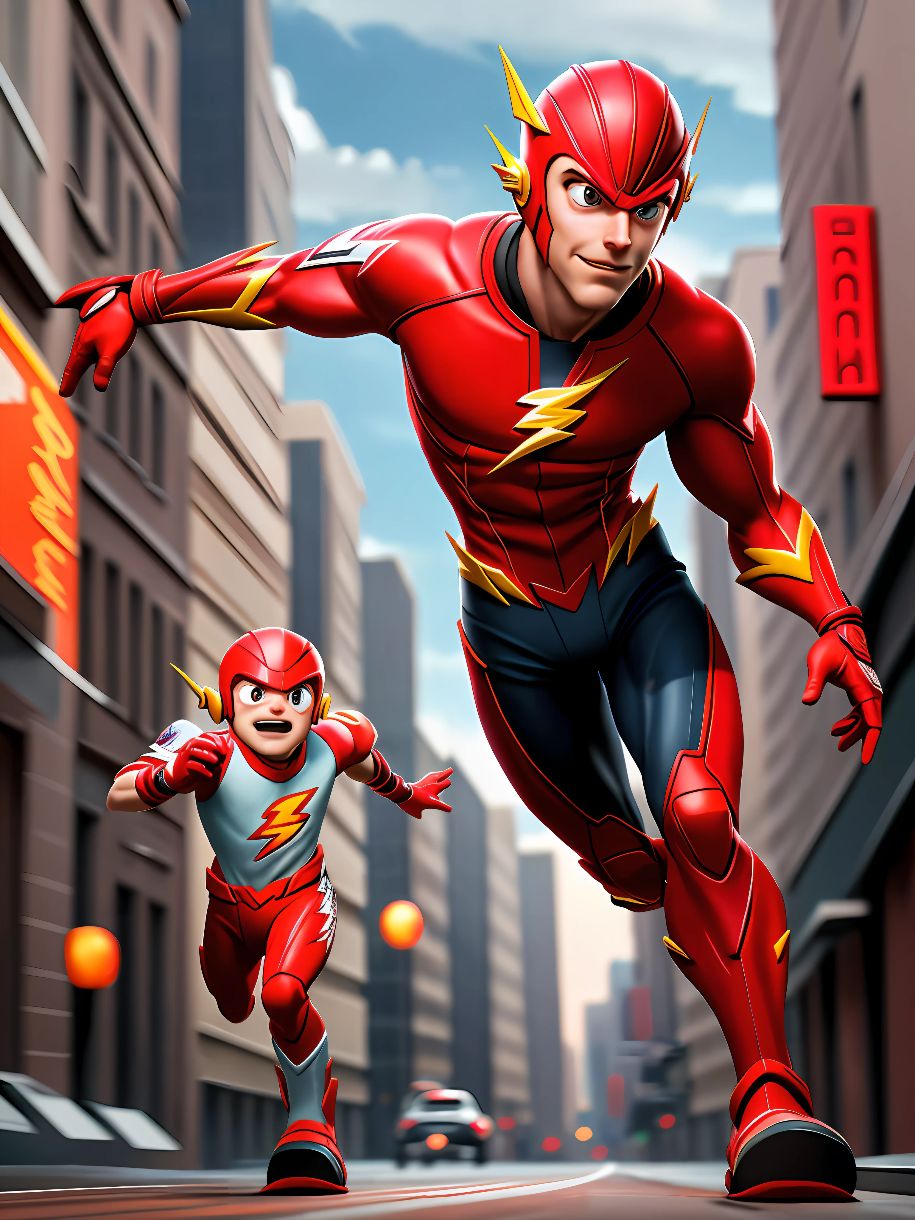 a photo of Flash and his son with red suite, running on the street, lightning bolt, Masterpiece, Best Quality, super detailed, Octane Render, detailed fingers, detailed suite