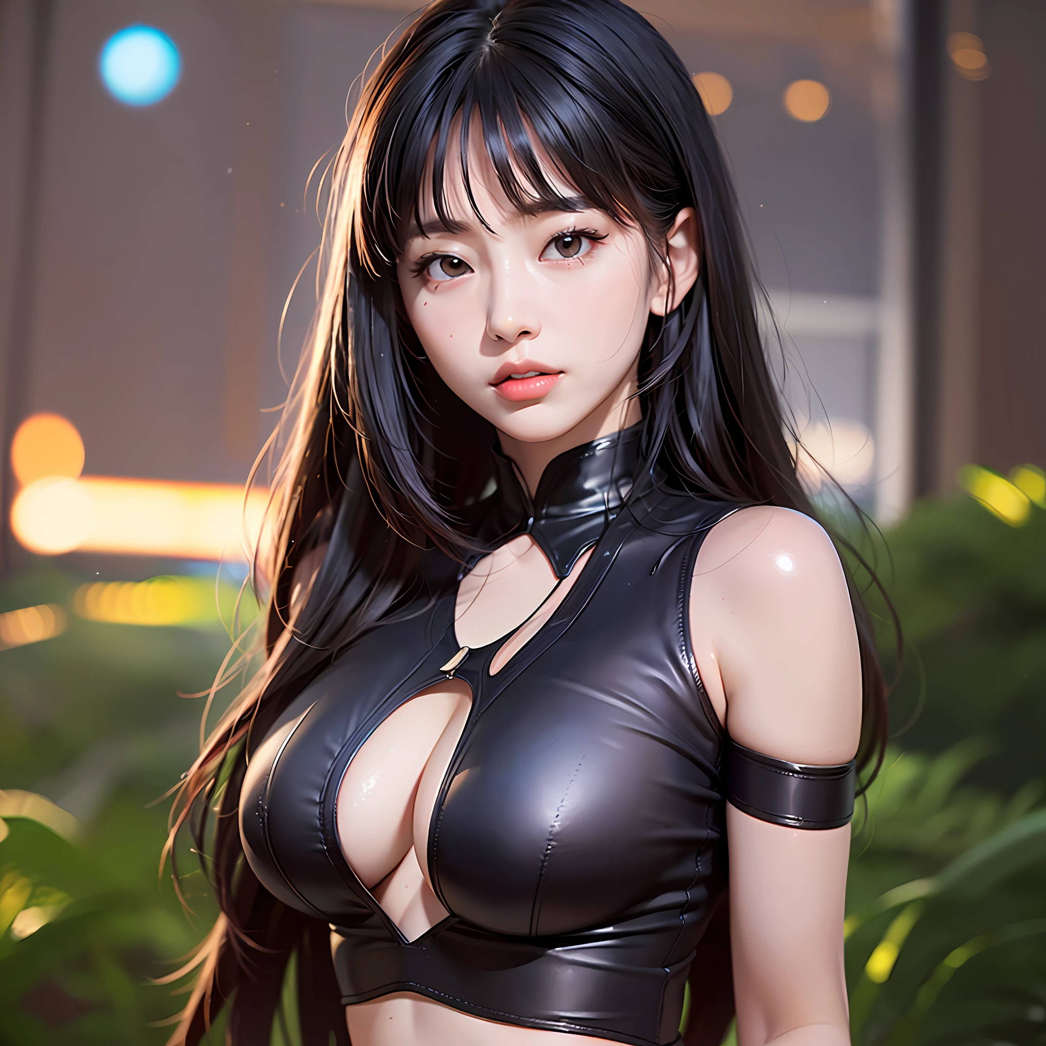 (50mm Sigma f/1.4 Zeiss lens, f1.4, 1/800s, ISO 100, photo: 1.1), 1 girl, solo, shiny skin, breasts, very detailed, ultra detailed, ultra high definition, full body, (photorealistic: 1.4), (best quality), (best shadow), ulzzang-6500, detail, perfect lighting, black hair, long hair, (big: 1.3),,, ahe-face, Large breasts, (photorealistic: 1.1), detailed lips