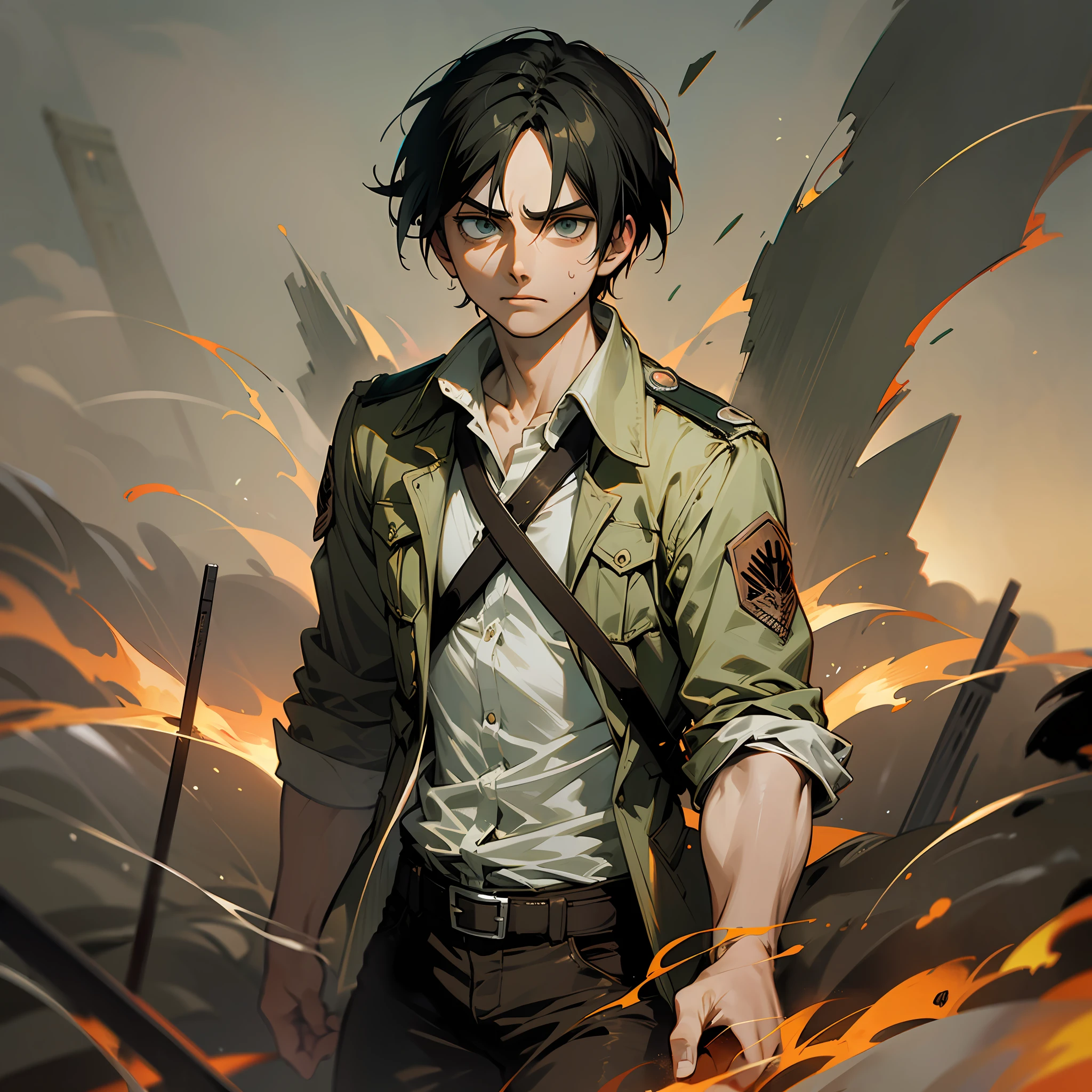 Eren Yeager, attack on titan anime, with dark clothes, smoke coming out of eyes and hands, attack position, realistic image, hd. --auto --s2