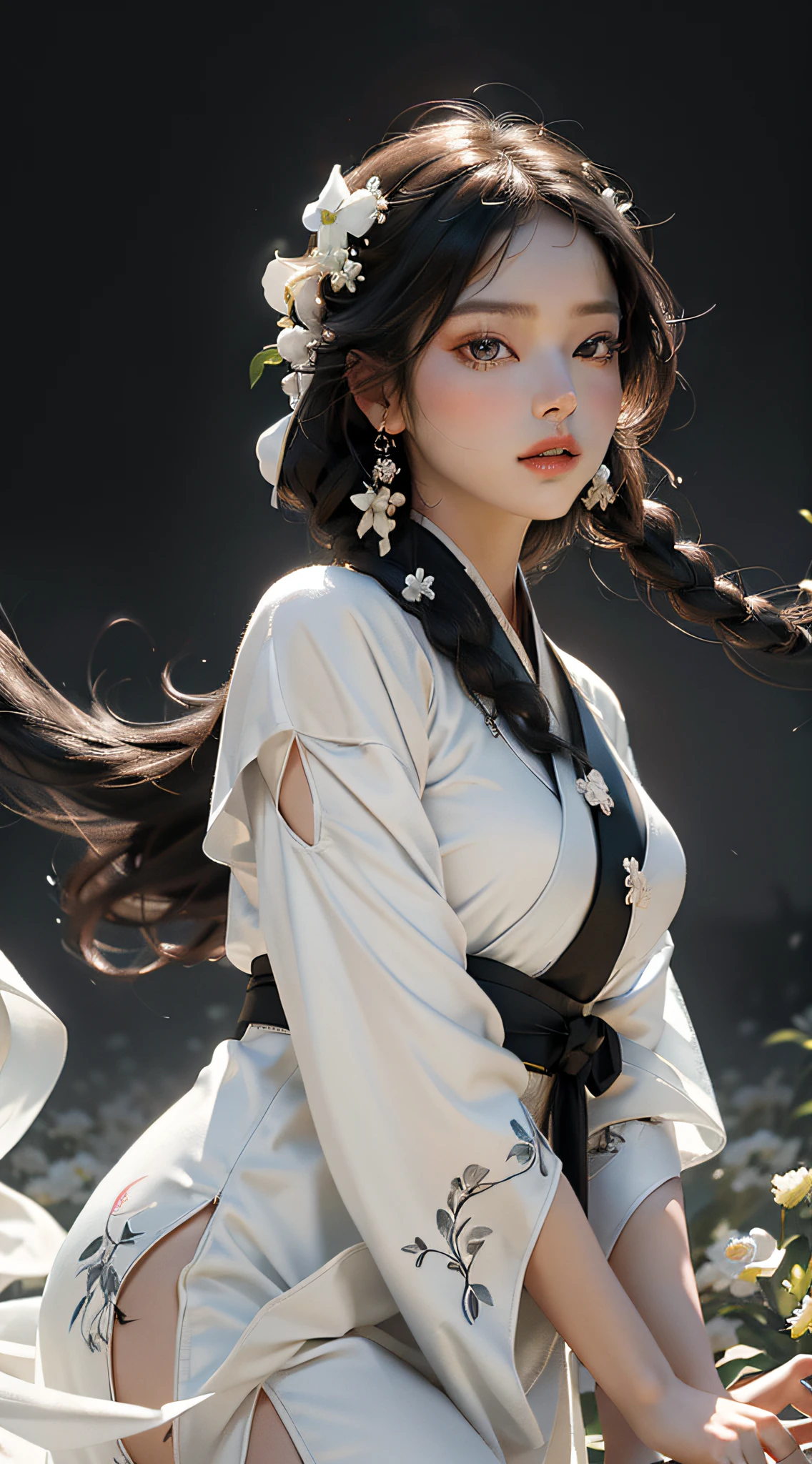 Super high quality, masterpiece, perfect illustration, extreme detail (exquisite light and shadow, highly dramatic picture,) Stroke, 1 girl, solo, ((wearing black and white two-tone Hanfu,)) Flower field 1.4, flowers, (white smoke: 1.3) (realistic:1.4), zen entanglement, tangled, official art, Unity 8k wallpaper, super detailed, beautiful and beautiful, masterpiece, best quality, (dynamic angle: 1.4), glowing skin, (floating colorful flashes: 1) the most beautiful form of chaos, elegant, Fauvist design, bright colors, romantic depth of field, exotic_dance, half_naked