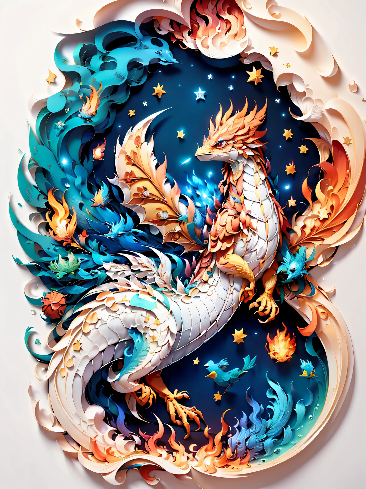 (((masterpiece))),best quality, illustration, fire, ocean, dragon, bird, cloud, star \(symbol\), paper_cut, (white background:1.1)